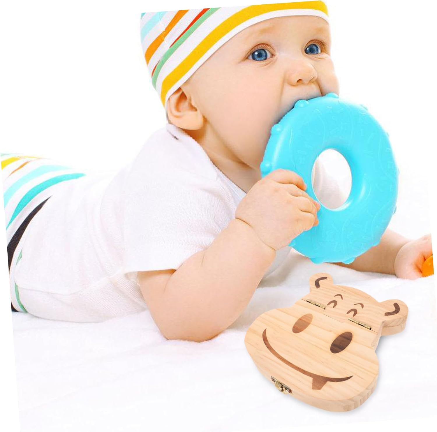 Vaguelly Baby Teeth Keepsake Box Wooden Organizer Small Cartoon Hippo Design Boys and Girls Tooth Holder Souvenir Storage Container for Newborns and Children image number 4