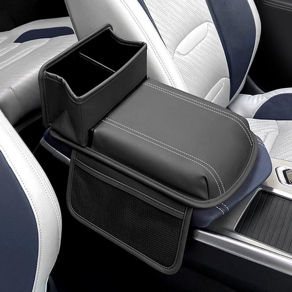 Raksonic Car Center Console Cover Drink Holder Multifunctional Storage Leather Car Armrest Cover Waterproof and Wear Resistant Memory Foam Suitable for Most Cars Black