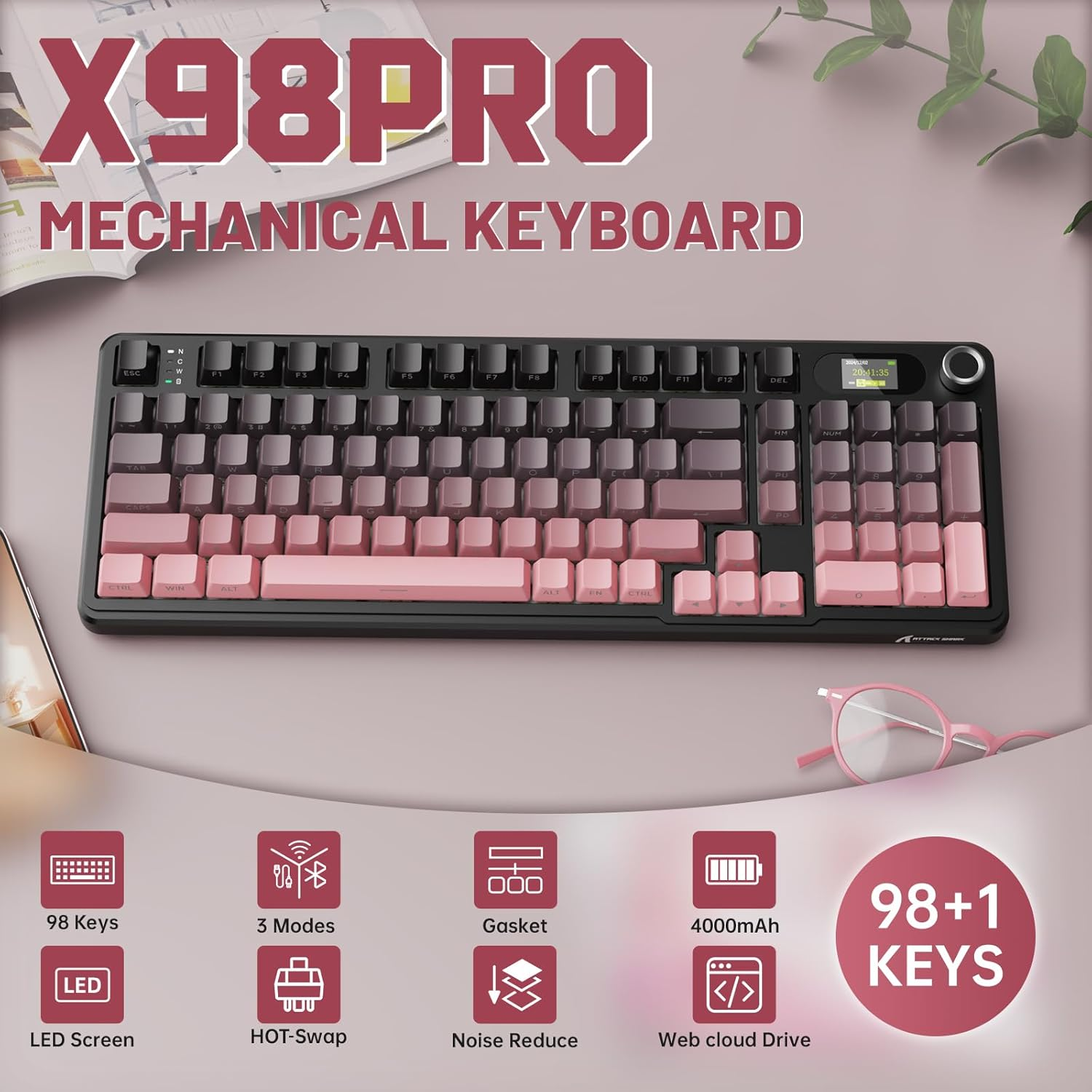 MAMBASNAKE &times; ATTACKSHARK X98 Wireless Mechanical Keyboard, LED Display & Button, BT/2.4G/USB-C Tri-Mode Joint RGB Gaming Keyboard, Pre-Lubricated Linear Switches - Gradient Pink