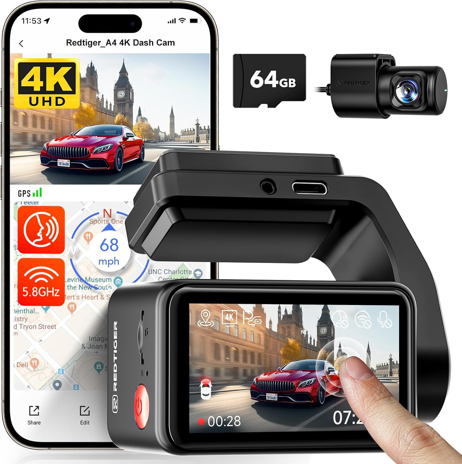 REDTIGER A4 Dash Cam Front and Rear Built-In 5Ghz Wifi, 4K+1080P Dual Dash Camera for Cars with 64GB Card, 2.2" Touch Screen Dashcam, Voice Control, 24H Parking Mode, Night Vision, Support Max 256GB image number 5