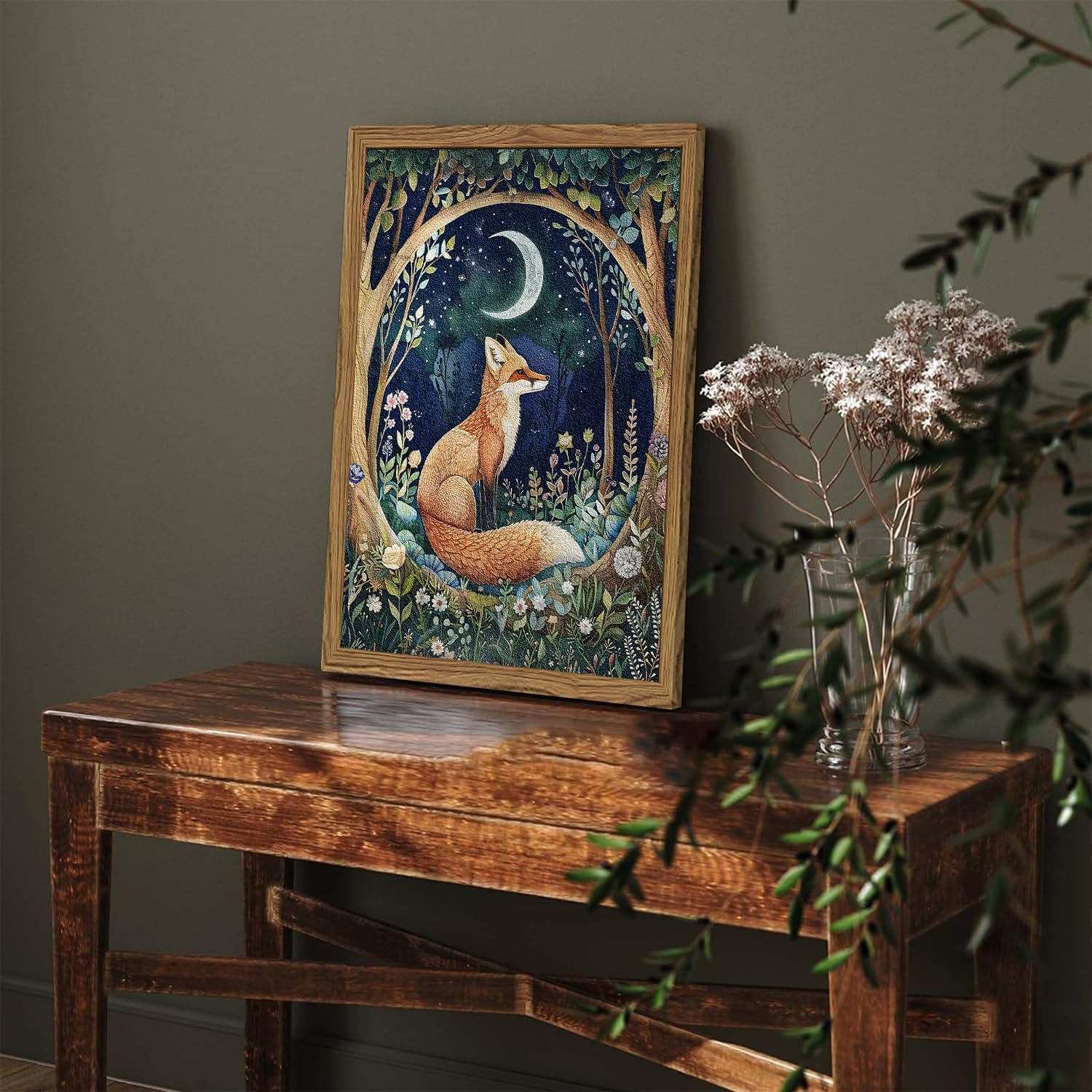 Framed 3D Textured Vintage Wall Art - Cottagecore Hand Drawn Sandstone Fox Paintings Wall Decor, Whimsical Forest Animal Floral Botanical Aesthetic for Bedroom Living Room Nursery 16X24 Inch image number 5