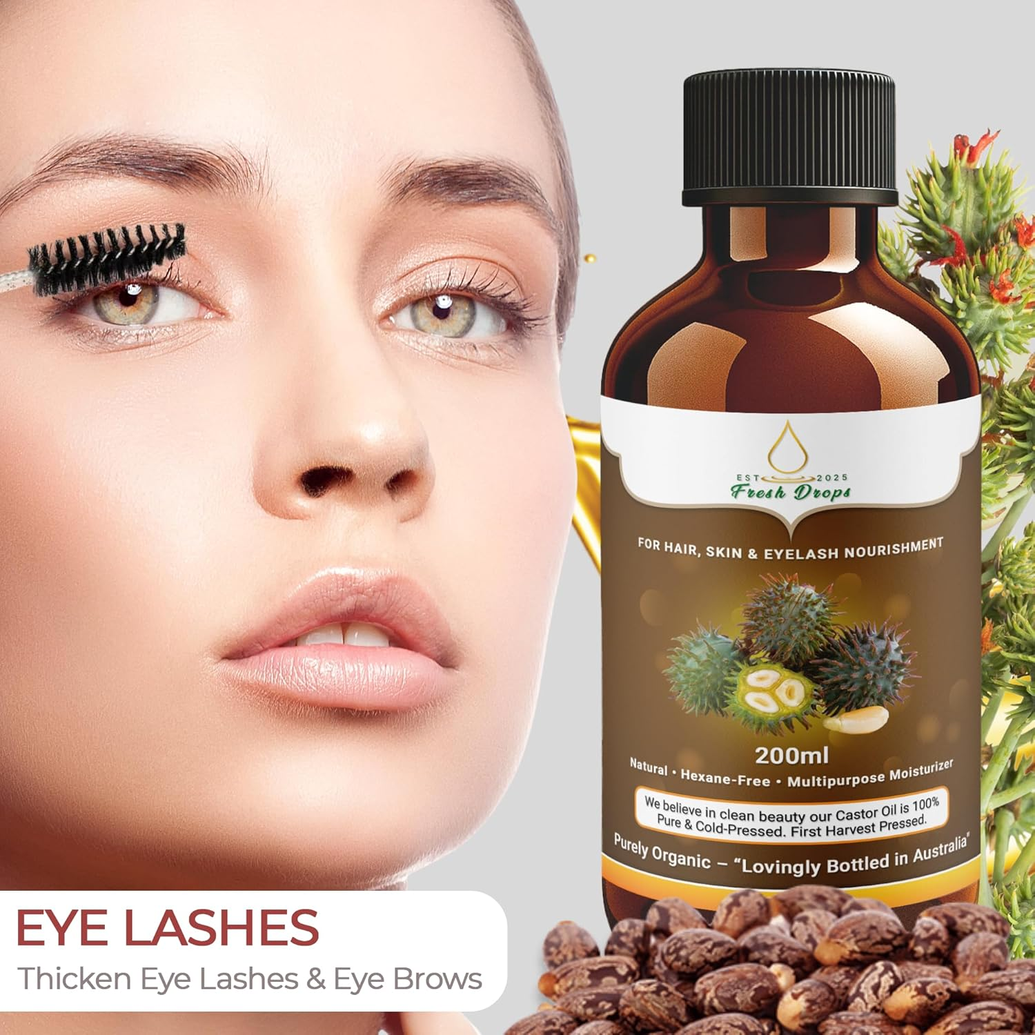 Fresh Drops Organic Castor Oil 200Ml, Pure Cold Pressed, Hexane Free, Fresh Drops- Stimulate Growth for Eyelashes, Eyebrows, and Hair, Smooth Face, and Skin image number 1