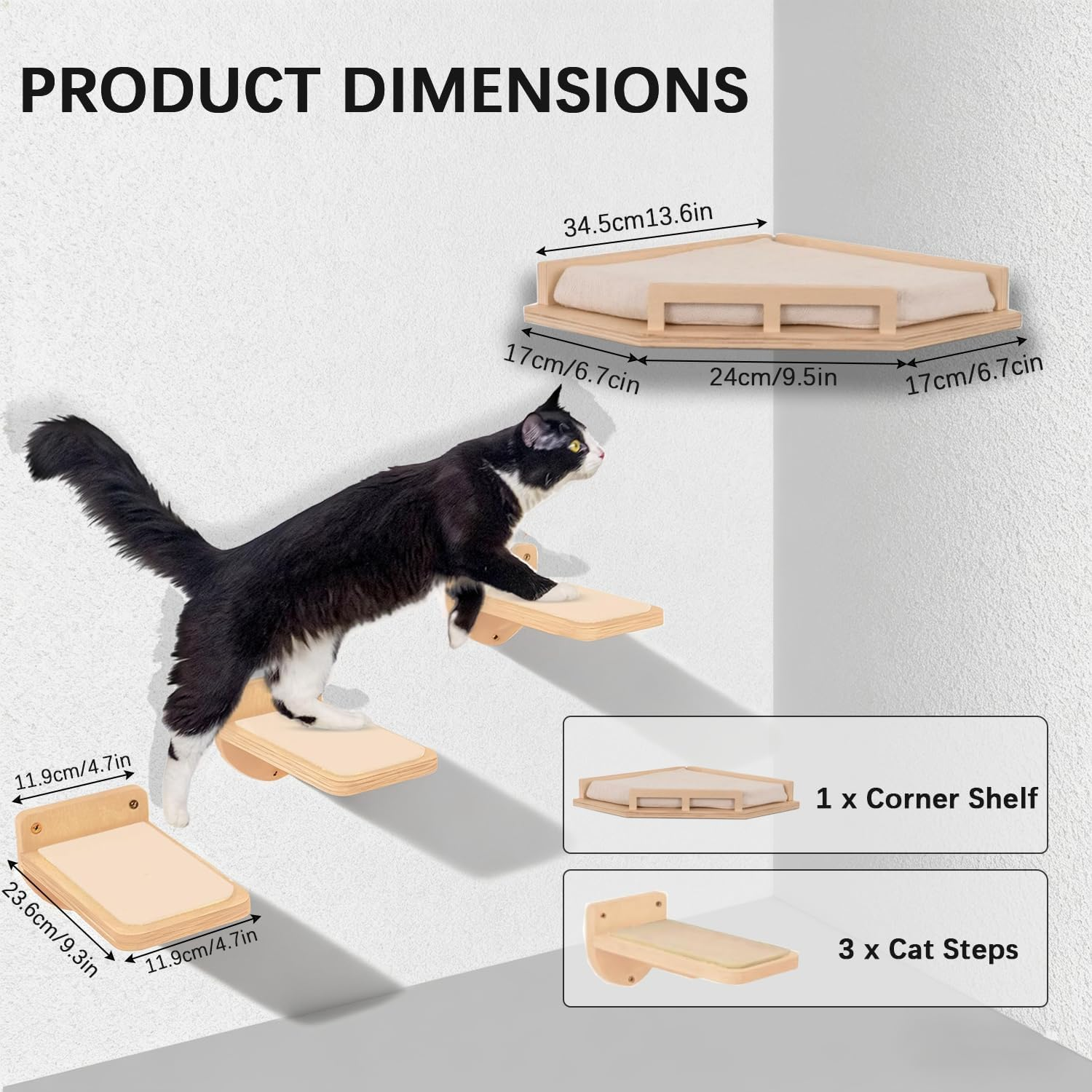 Cat Wall Shelves - Contemporary & Sturdy 3-Tier Wall-Mounted Cat Furniture with Cozy Perch - Space-Saving Birch Floating Shelves for Pets up to 15Lbs - Premium Natural Wood Design image number 5
