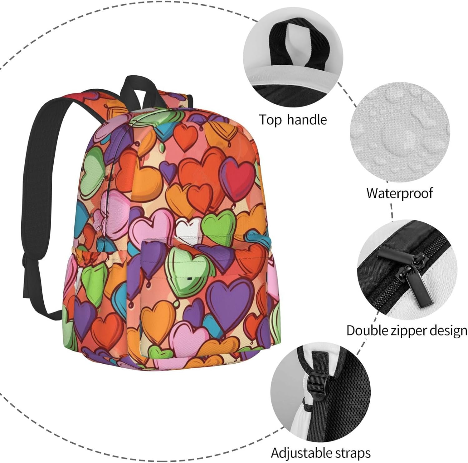 LKVNSWERT - Travel Backpack for Men and Women, Travel Backpack for 15.6 Inch Laptop, Casual Daypack for Weekend - Colorful Heart Pattern. image number 6