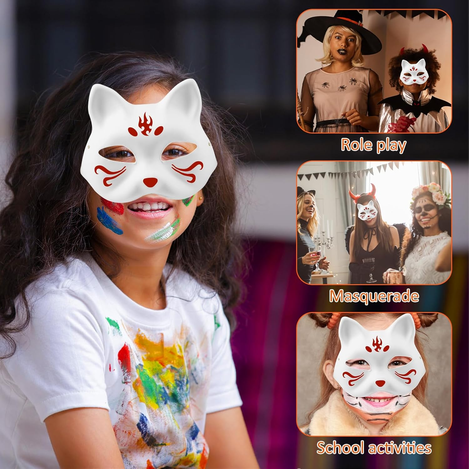 24PCS DIY White Paper Cat Mask for Costume Party Smooth Surface Paintable Animal Half Face Masquerade Mask Lightweight Fox Facepiece for Art Project image number 4