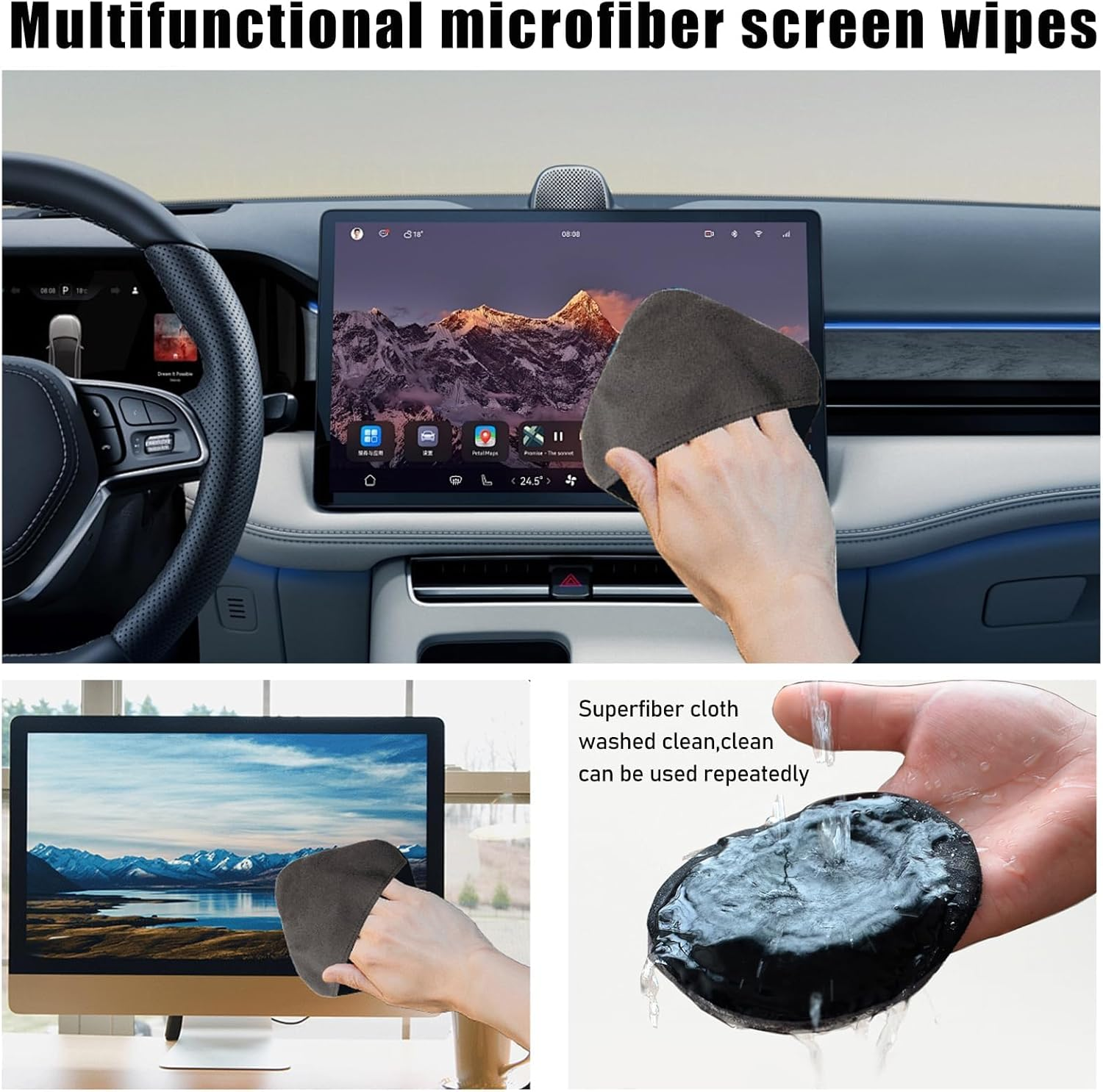 Car Screen Cleaner, 4.13"&times;4.13" Square Microfiber Auto Screen Cleaning Pad, Foldable Touch Screen Cleaner Cloth for Vehicle Dashboard LCD Display, Interior Car Accessories