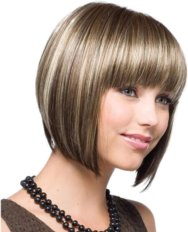 AUBWIG Brown Mixed White Bob Wigs Classic Short Bob Short Straight Wig with Fringe Heat Resistant Synthetic Wigs (Brown Mixed White) image number 4