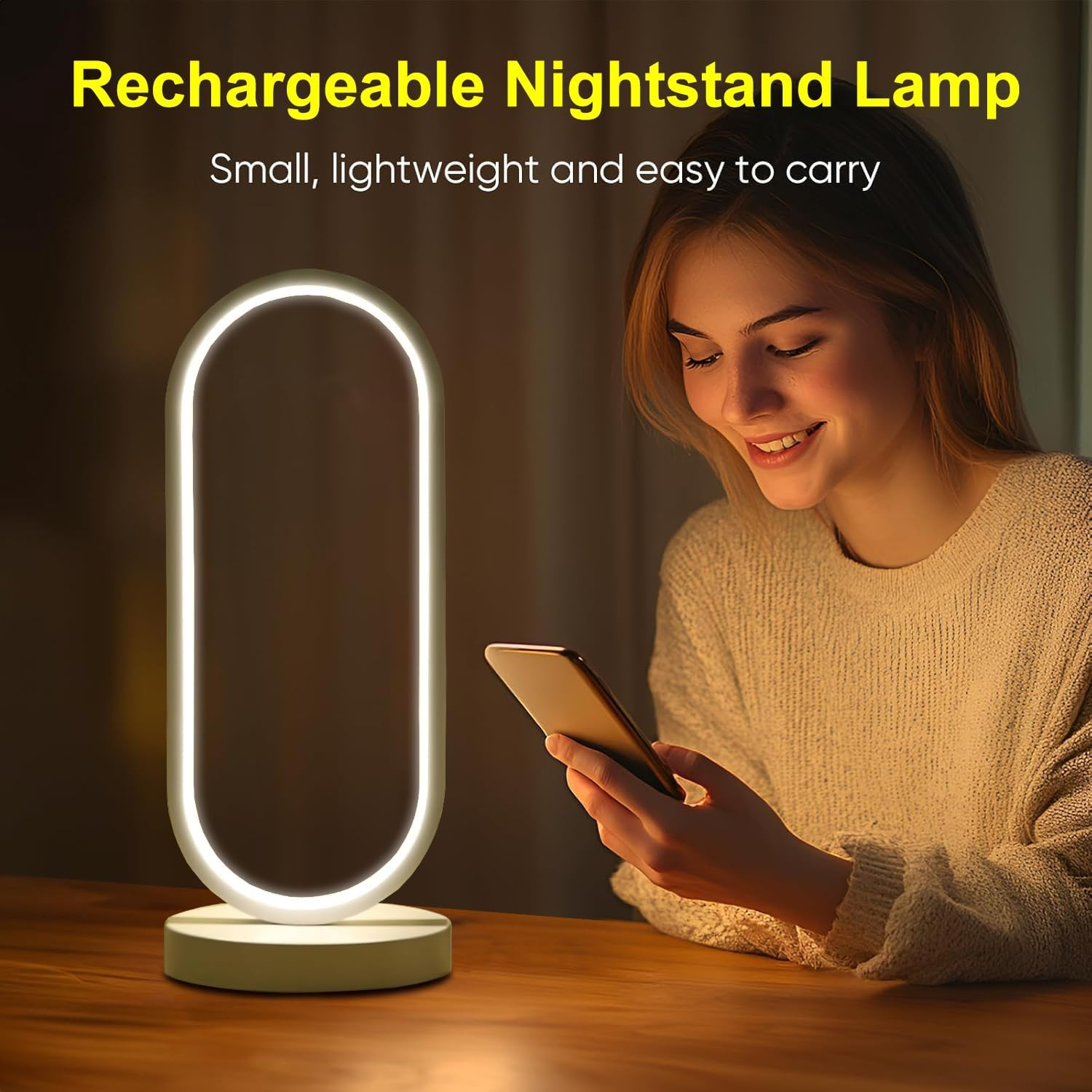 Modern Bedside Table Lamp, Led Oval Nightstand Light, Rechargeable Dimmable Nightstand Lamp, 3 Color Temperatures and 10 Brightness Levels Desk Lamp for Living Room, Bedroom Home Decoration image number 1
