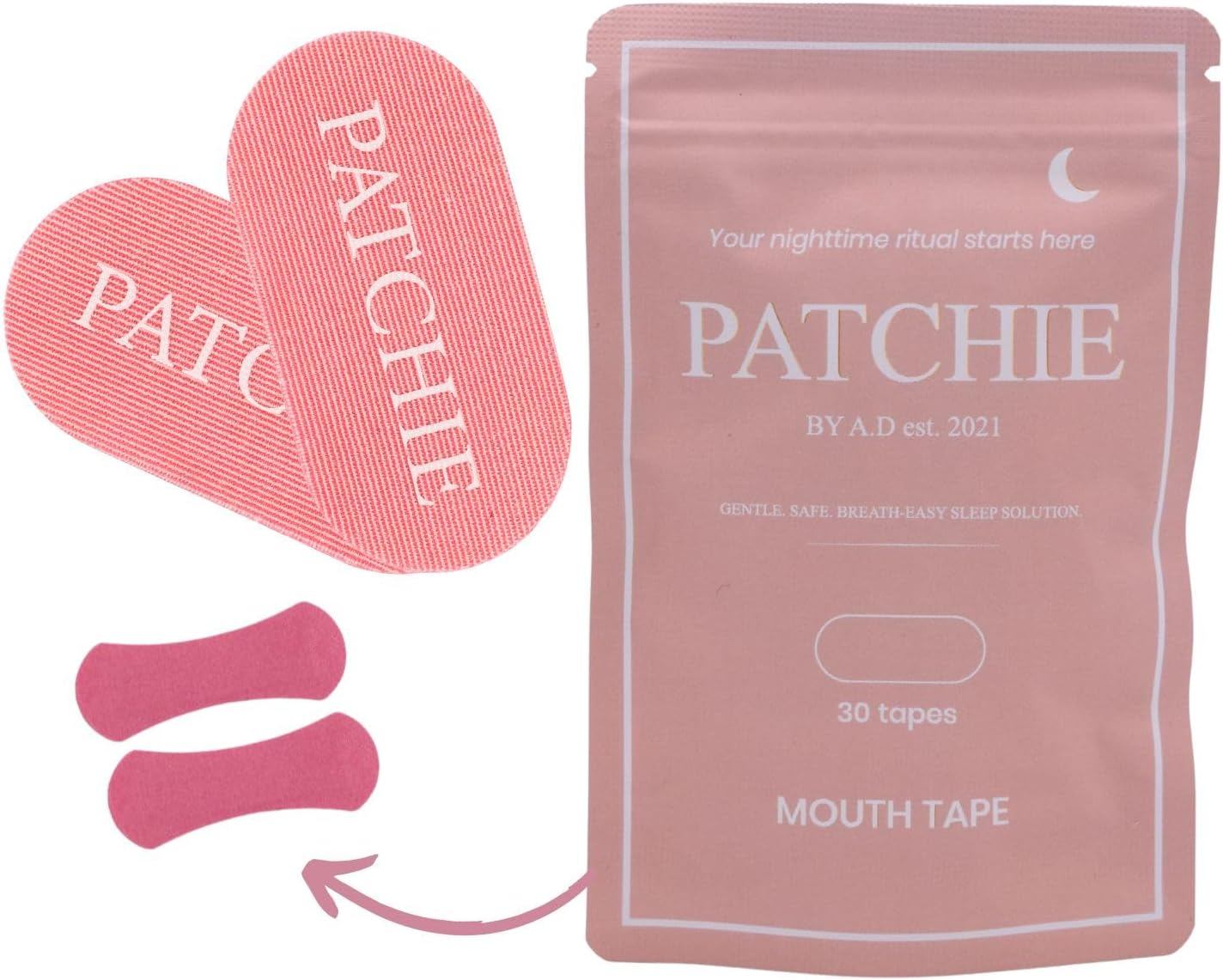 Mouth Tape for Sleeping Bundle - 30 Mouth Tape Strips + 5 Nasal Strips for Sleeping, Sleep Better Kit, Breathable Gentle Mouth Tape, Hypoallergenic Mouth Tape for Snore Relief (Pink). PATCHIE by A.D EST. 2021