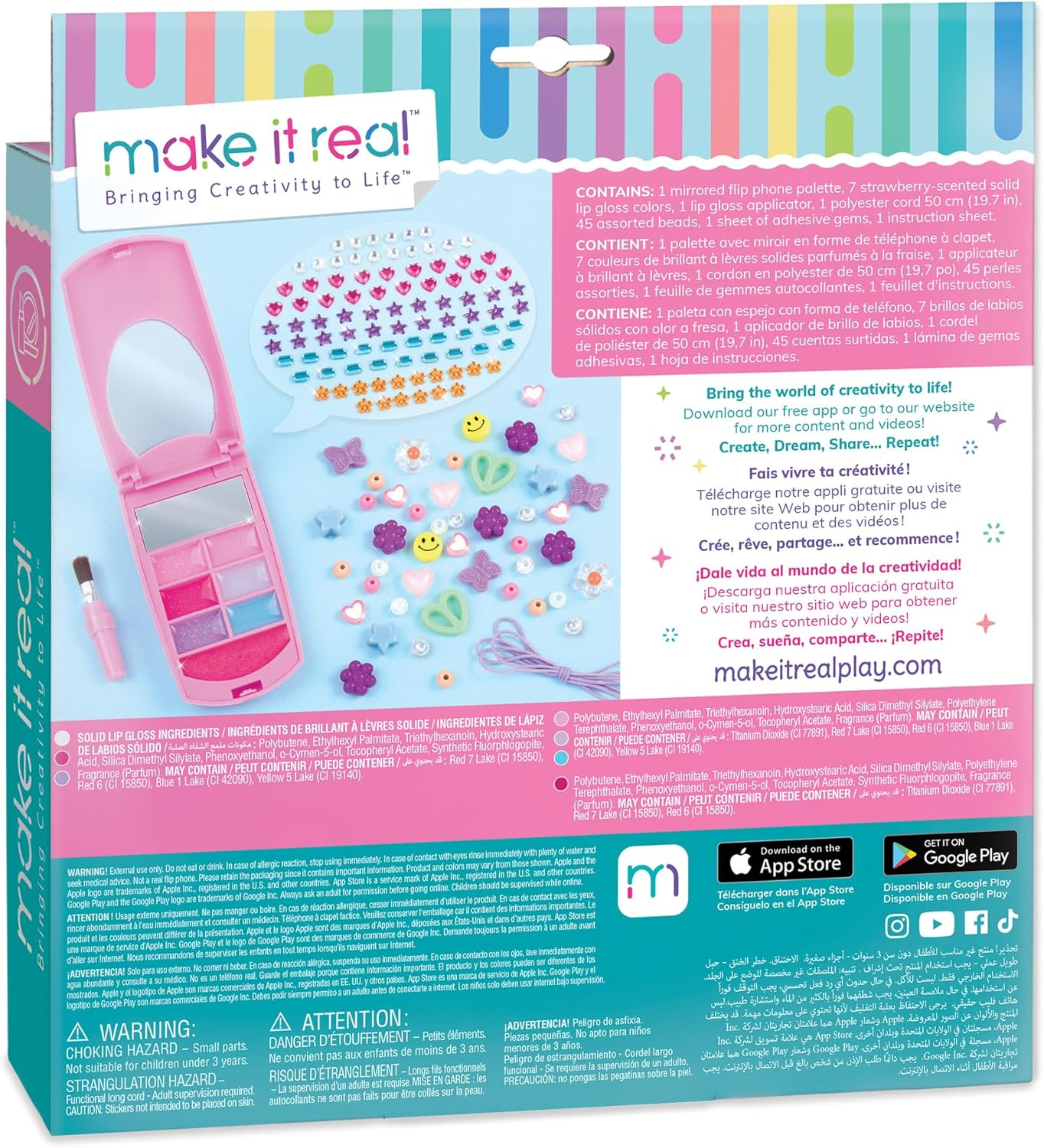 3C4G Make It Real Flip Phone Lip Gloss Set & DIY Lanyard - 7 Strawberry-Scented Lip Gloss Colors - Decorate with Gems & Stickers - Fun Makeup Kit for Girls for Kids Ages 6+ image number 2