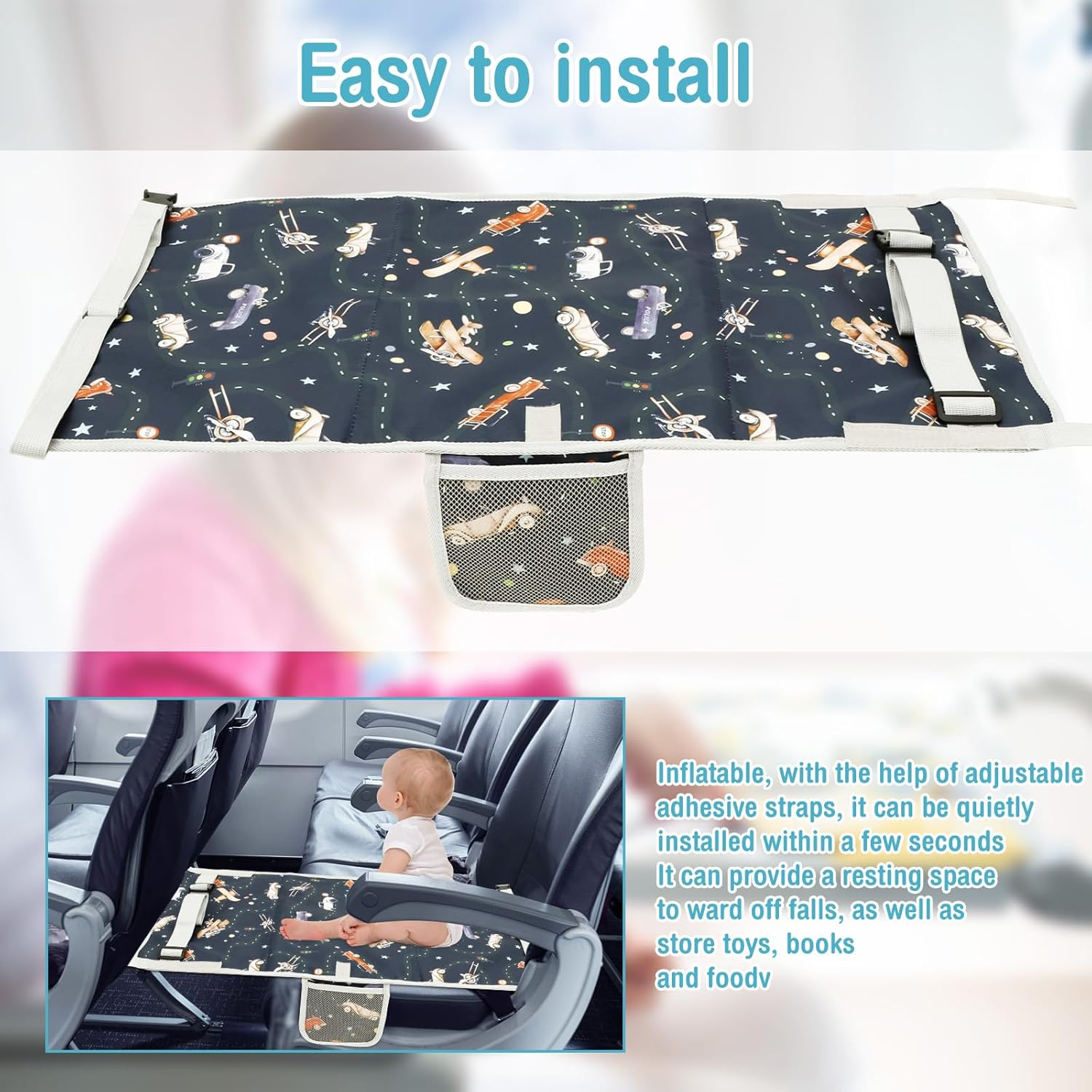 Fxvhojq Toddler Airplane Bed Breathable Oxford Cloth Kids Airplane Seat Extender Portable Toddler Plane Bed for Flying Long Flight Traveling(C) image number 2