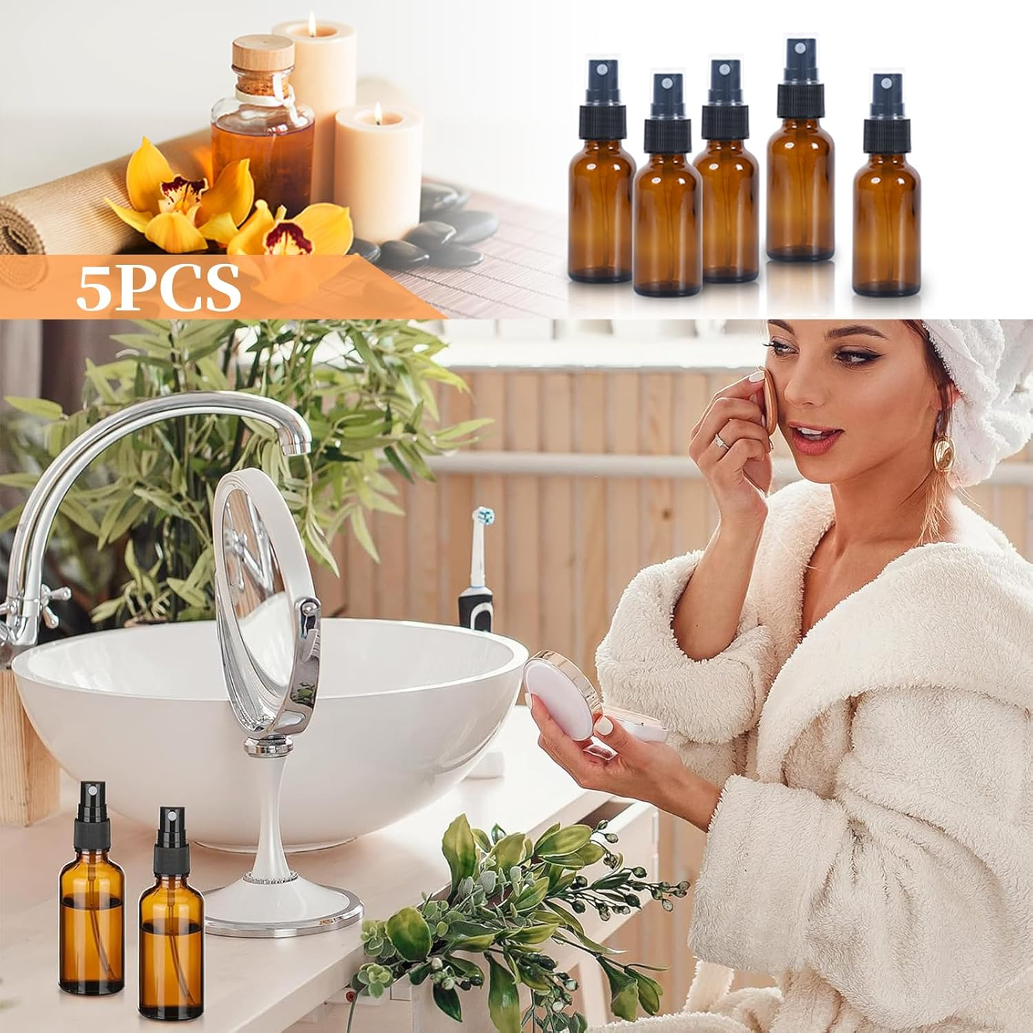 5 PCS Amber Glass Spray Empty Roller Bottles with Fine Mist Sprayer & Dust Cap Refillable Essential Oils Clear Containers Skin Care Atomizer Liquid Cosmetic Bottle for Travel Beauty Cleaning (100ML)