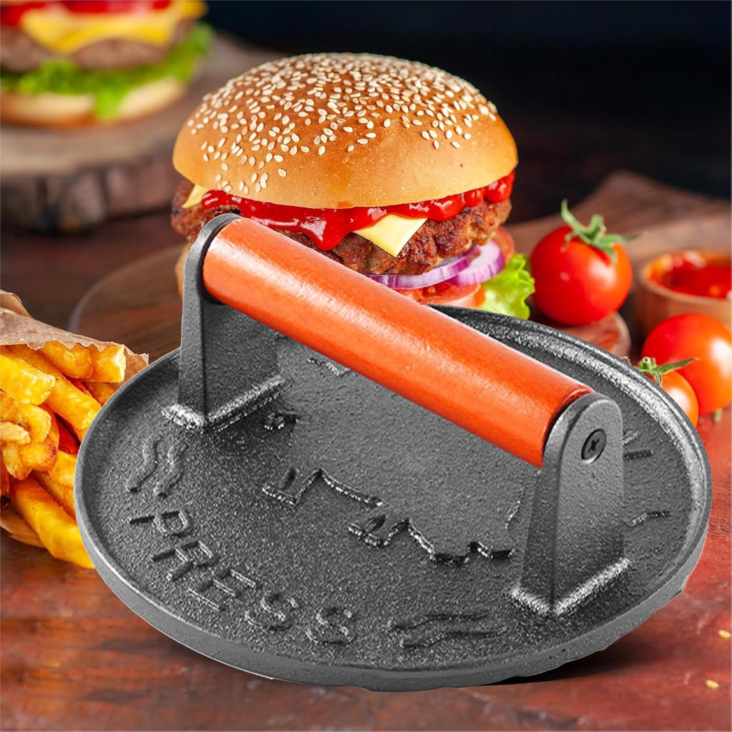 OMGWYSIWYG Burger Press Professional Heavy Duty Cast Iron Hamburger Smasher Tool for Blackstone Griddle Grill,Smashburger, Bacon, Ground Beef Meat, Steak, Sausage, Sandwich Cooking【7.2 Inch Round】 image number 2