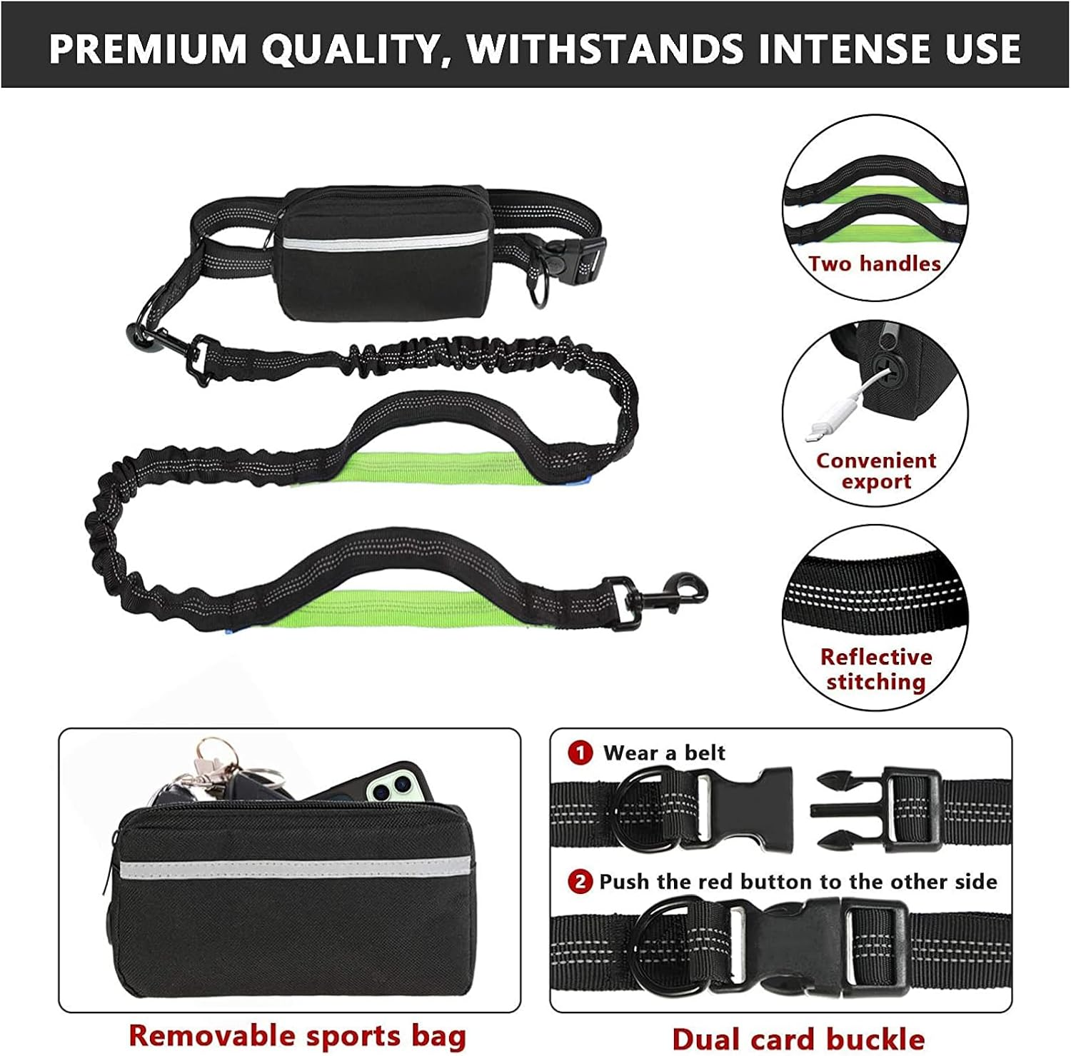 UPET Hands Free Dog Leash Professional Reflective Training Leashes Small Medium and Large Dogs Accessories Leads Suitable for Running Walking Jogging Hiking Adjustable Waist Belt Zipper Pouch（Green） - Green image number 4