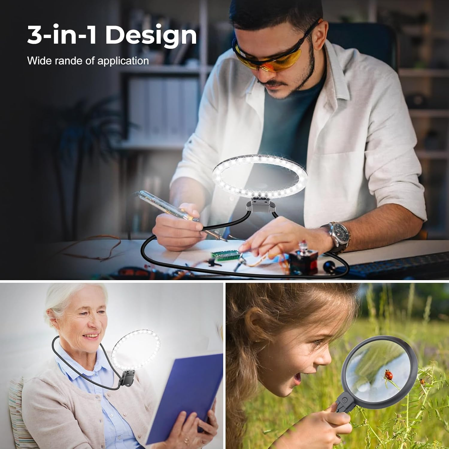 5X Magnifying Glass with 36 LED Light, 5.2 Inch Large Magnifier with 3 Light Modes Hands Free, Neckwear Magnifying Glass with Flexible Gooseneck for Close Work, Reading, Sewing Low Vision Seniors image number 2