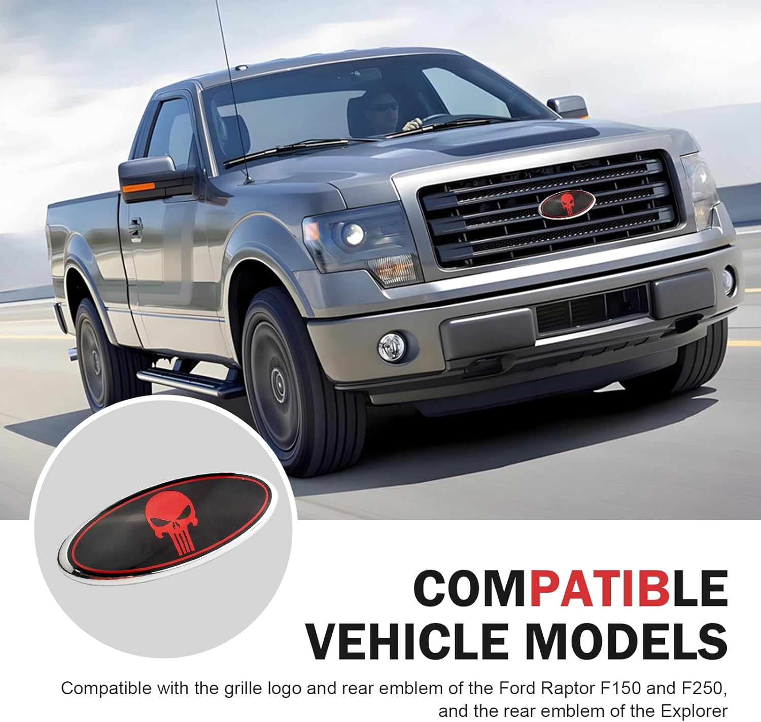 UGSHY 2 PCS Front Grille Emblem, 7" Central Mesh Cover Label, Rear Tailgate Emblem Badge Nameplate, Compatible with Ford F150 F250 F350 (Skull Red) image number 5