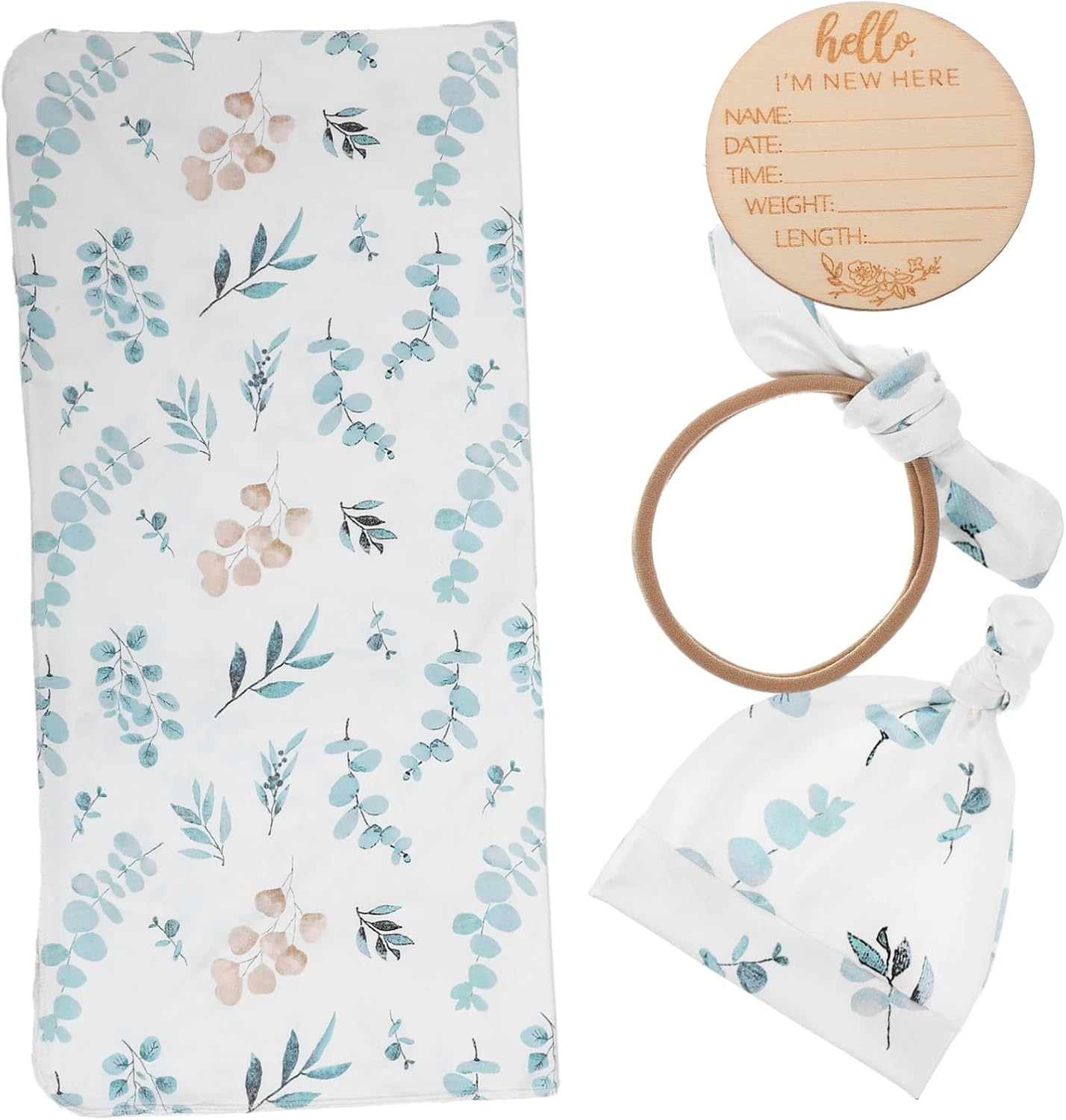 Newborn Swaddle Set for Baby Girl Headband and Eucalyptus Leaf Print, Infant Receiving Blanket, Soft Wrap Swaddle, Hat and Wooden Birth Announcement Sign, 4Pcs Set image number 6