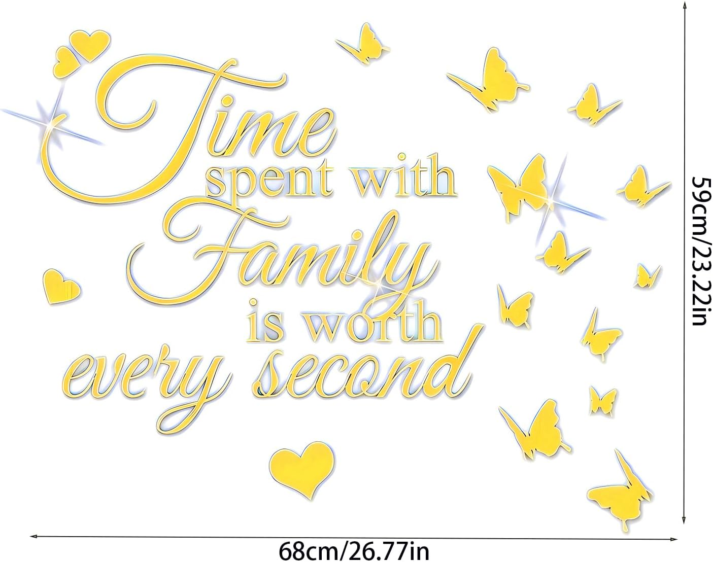 Fkereg Time Spent with Family Is Worth Every Second Mirror Wall Decal, 3D Acrylic Butterfly Wall Stencils Peel and Stick, Vinyl Wall Stickers Motivation Lettering Saying Wall Art Home Decor, Gold