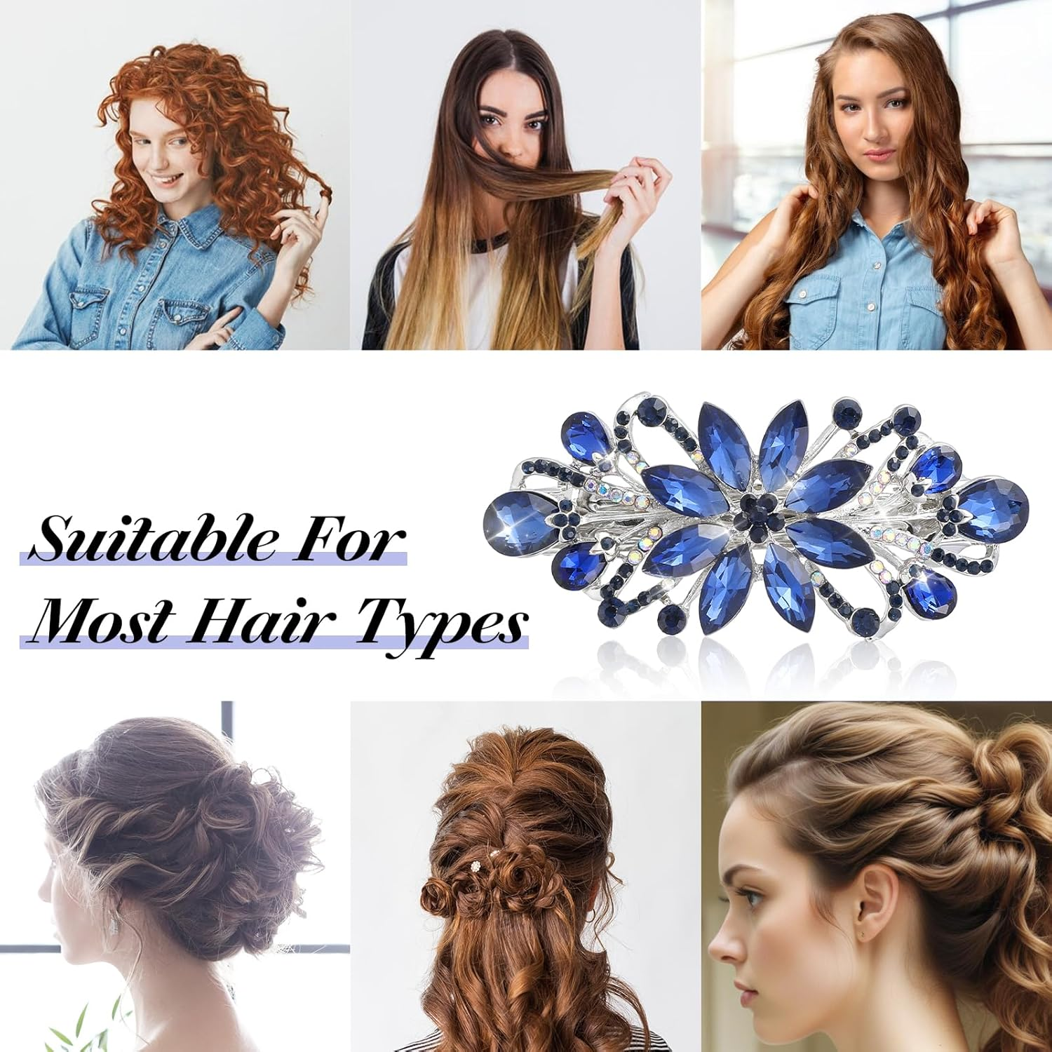 Hair Clip Flower, Vintage Rhinestone Style Barrettes, Blue Crystal Style Hair Clip, Luxury Jewellery Design Hairpin, Metal Spring Hair Clips for Women and Girls image number 5