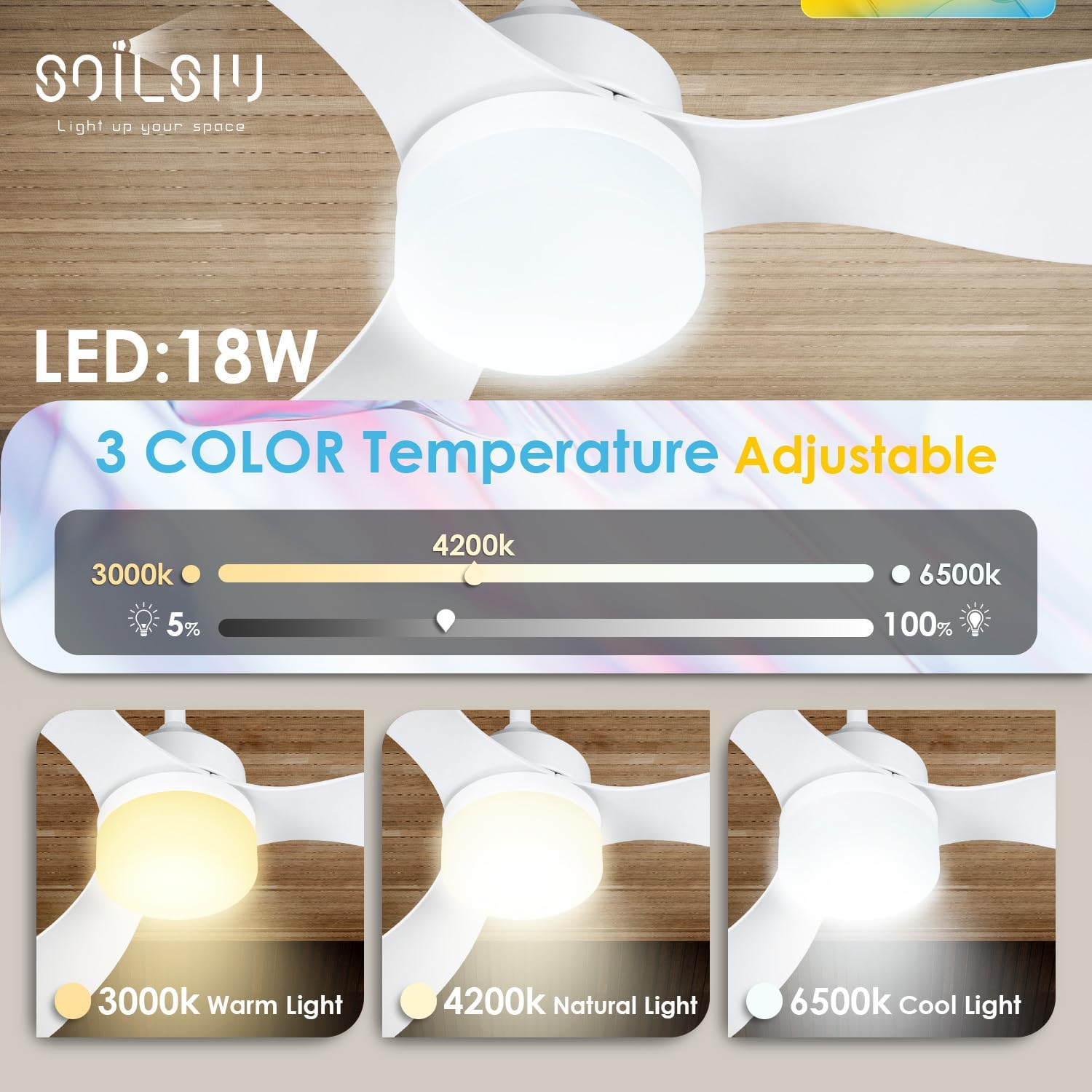 Soilsiu Ceiling Fans with Lights, 52 Inch Low Profile Ceiling Fan with Light and Remote, Flush Mount Ceiling Fan for Bedroom, Flush Mount, Reversible, 3CCT, Dimmable, Noiseless (White) - Black image number 6