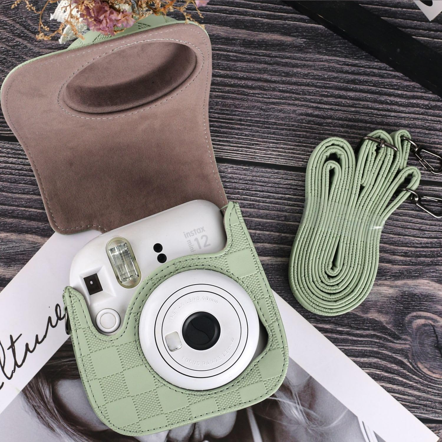 LIN&Eacute;OCT Protective Cover Camera for Mini 8/9/11/12, Portable Camera Bag with Shoulder Strap, PU Leather Protective Pouch with Front Pocket for Cameras (Green) - Black image number 7