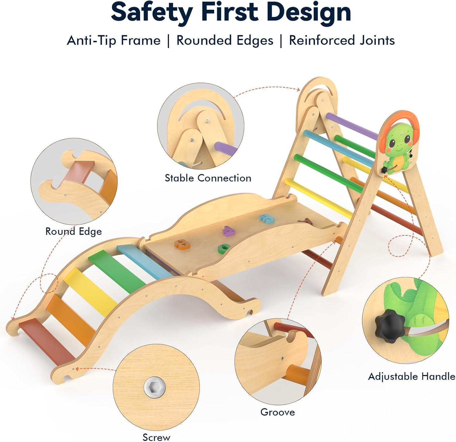 Dinosaur Theme Pikler Triangle Set &ndash; 10 in 1 Montessori Toddler Climbing Toys Indoor Playground with Foldable Wooden Climber with Slide, Rocking Arch, Play Tunnel, Bridge, Table, Indoor Jungle Gym image number 1