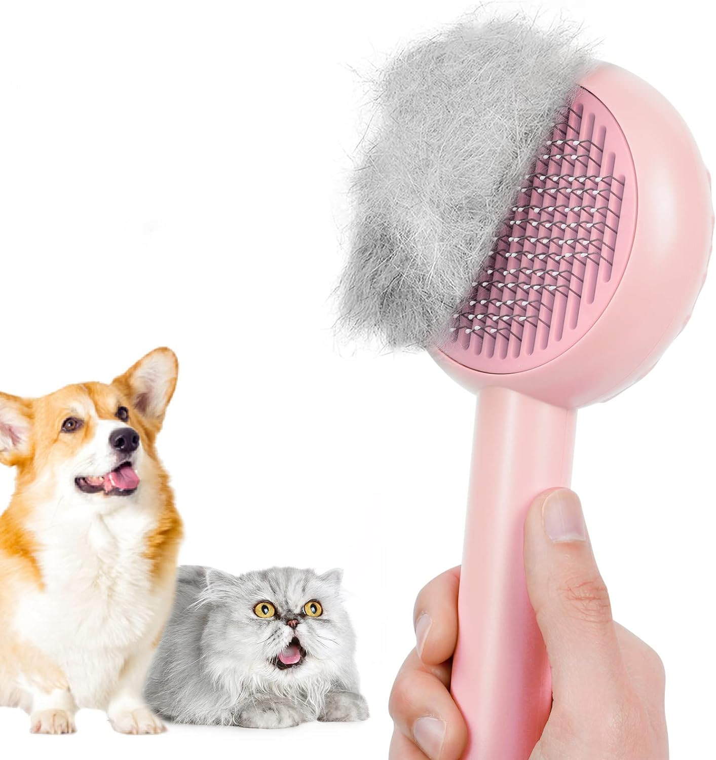 HICC GROOM! Pet Grooming Brush for Cats and Dogs, Self-Cleaning Sliker Brush for Removes Mats, Tangles, and Loose Hair, Shedding Brush for Short or Long Haired Cats/Dogs (White)