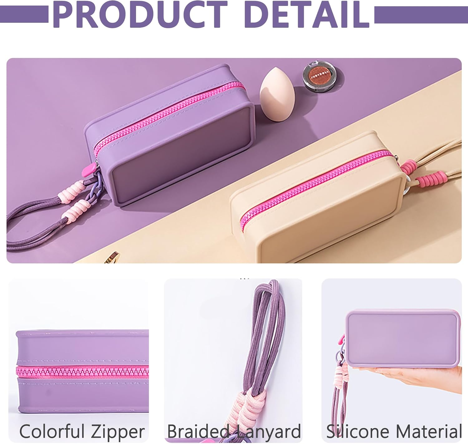 Macaron Style Silicone Travel Makeup/Cosmetic/Toiletry Bag-Waterproof Portable Organizer Pouch with Zipper/Braided Lanyard Keychain/Women Girls' Gym Wash Bag/Purse/Stores Makeup Brush & Nail Polish image number 4