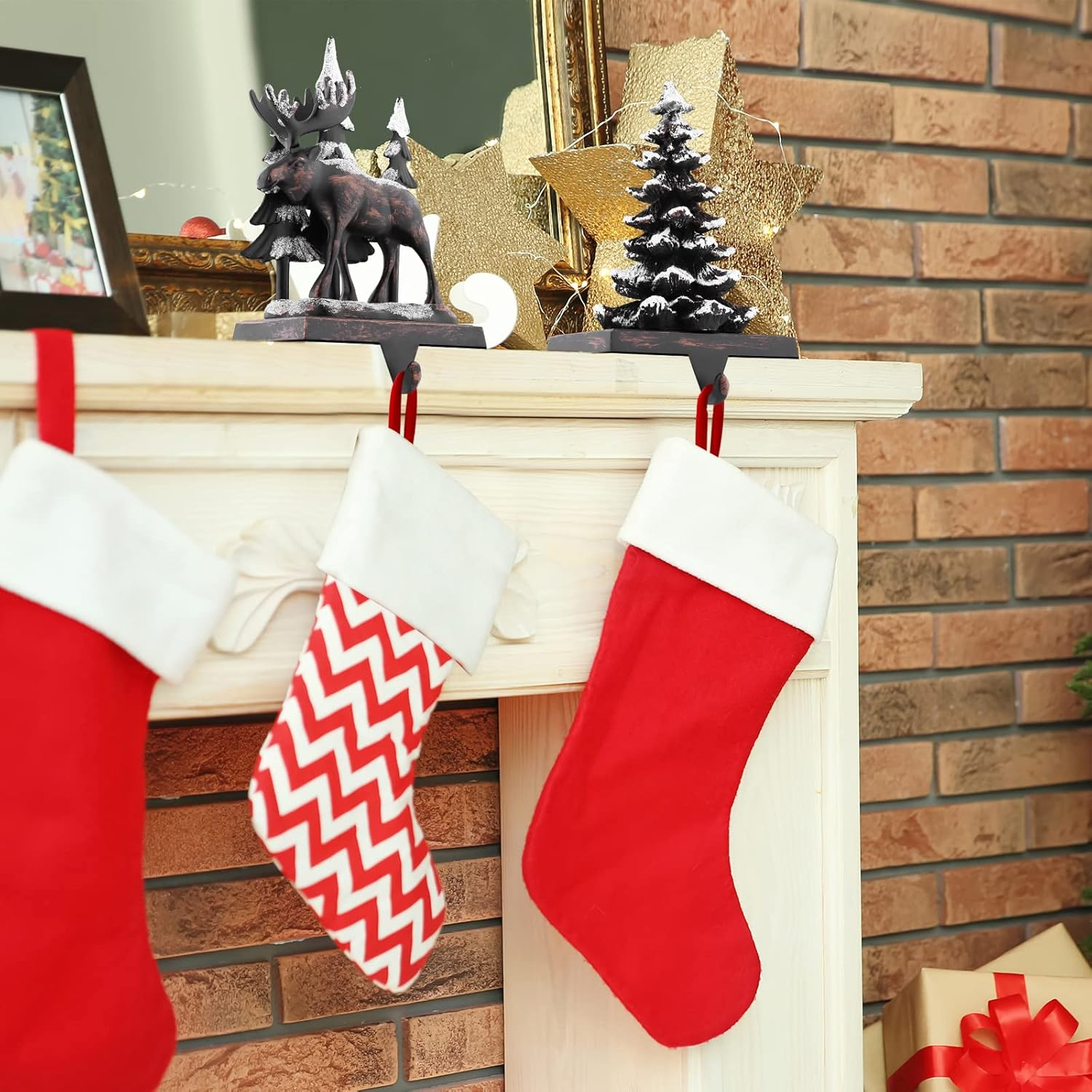 MCEAST 2 Pack Christmas Stocking Holders: Reindeer & Christmas Tree with Snowflake; Black, Fabric; 2 Hooks; Surface Rest; Stocking Hangers image number 3