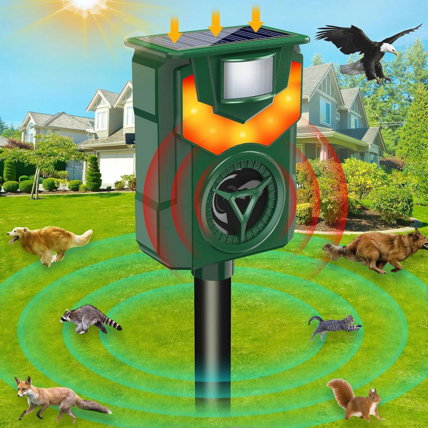 UOEPOWA Ultrasonic Cat Deterrents, 5 Sensitivity Modes Solar Cat Repellent Outdoor with Motion Detection, Bird, Fox, Raccoon, Mouse, Deer. for Chicken Coop, Farm,And Yard (1PC Green)