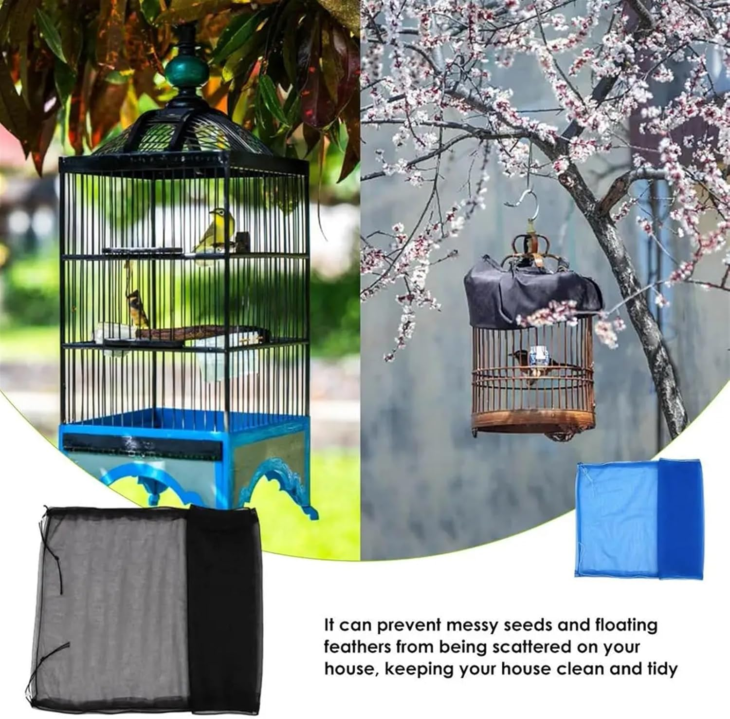 Zqnaznfdelarge Bird Cage Cover, Bird Cage Mesh Net Cover 2Pcs Adjustable Elastic Nylon Mesh Birdcage Cover with Drawstring Birdseed Parrot Cage(Blue) image number 3