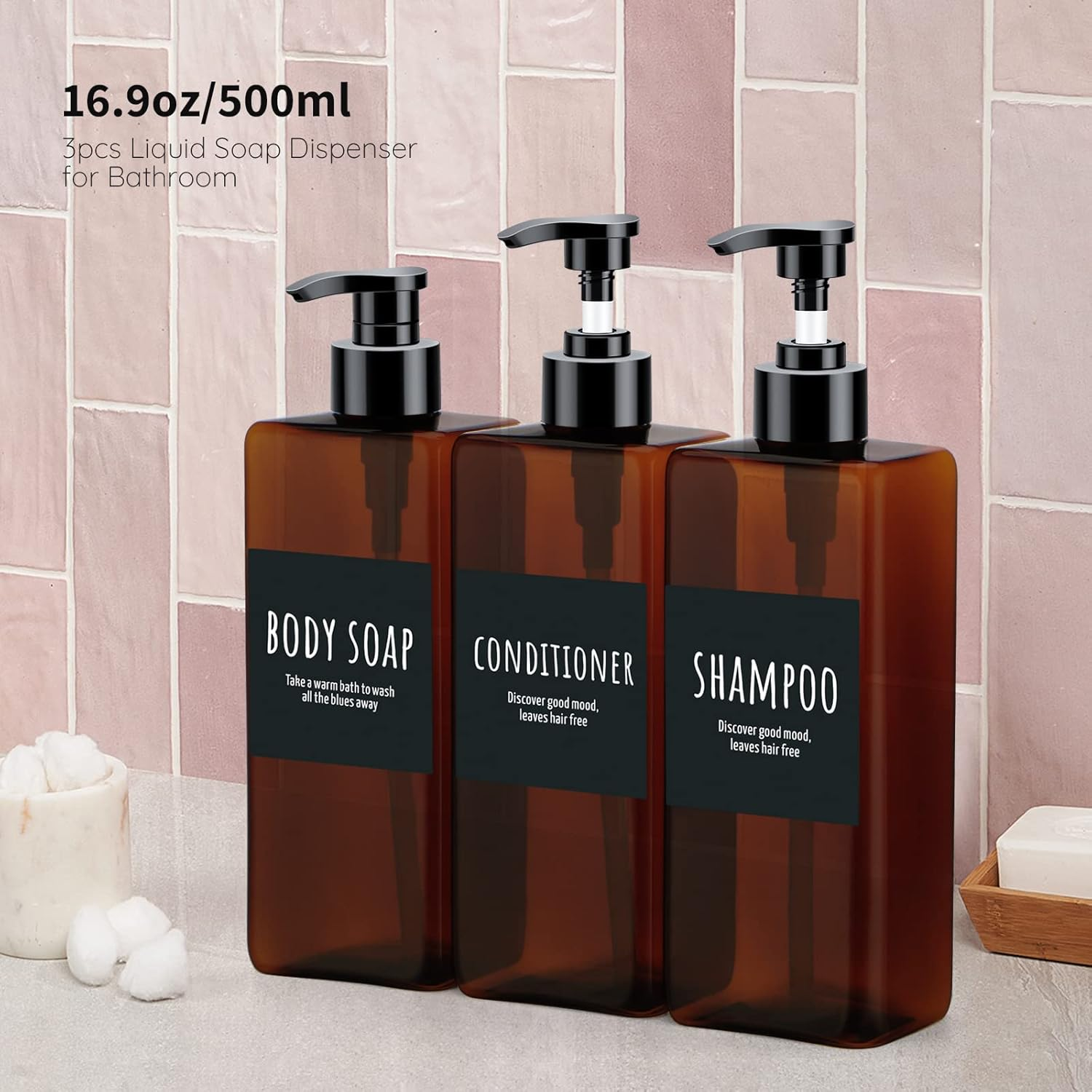 Segbeauty Square Emulsion Bottle, 3Pcs 16.9Oz/500Ml Refillable Cosmetic Pump Dispenser with Labels, Reusable Plastic Lotion Dispenser, Shower Container for Body Soap Conditioner Bathroom Hotel -Amber image number 1