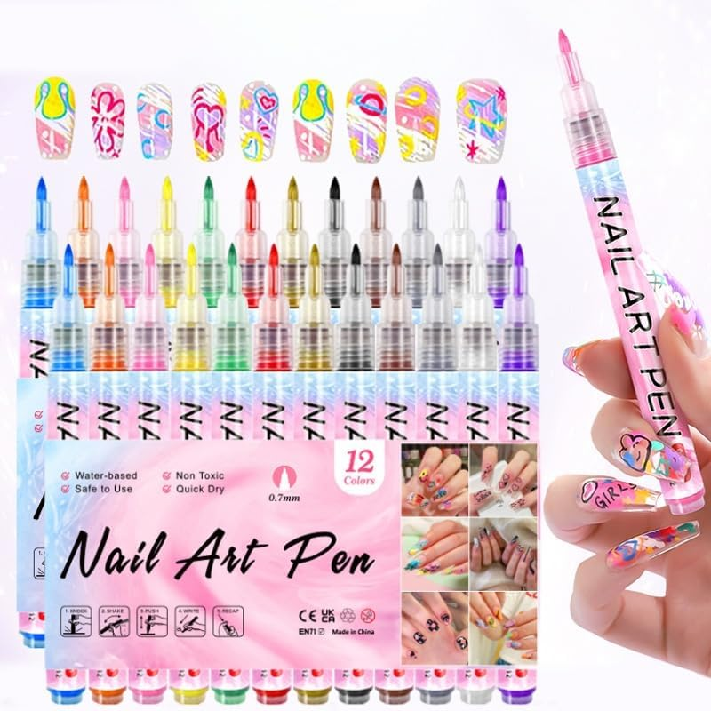 12 Colors Nail Art Pens Set, Nail Doodle Pens for Home Salon, Nail Art Markers Polish Pen, Nails Art Design, Manicure Nail DIY Decoration