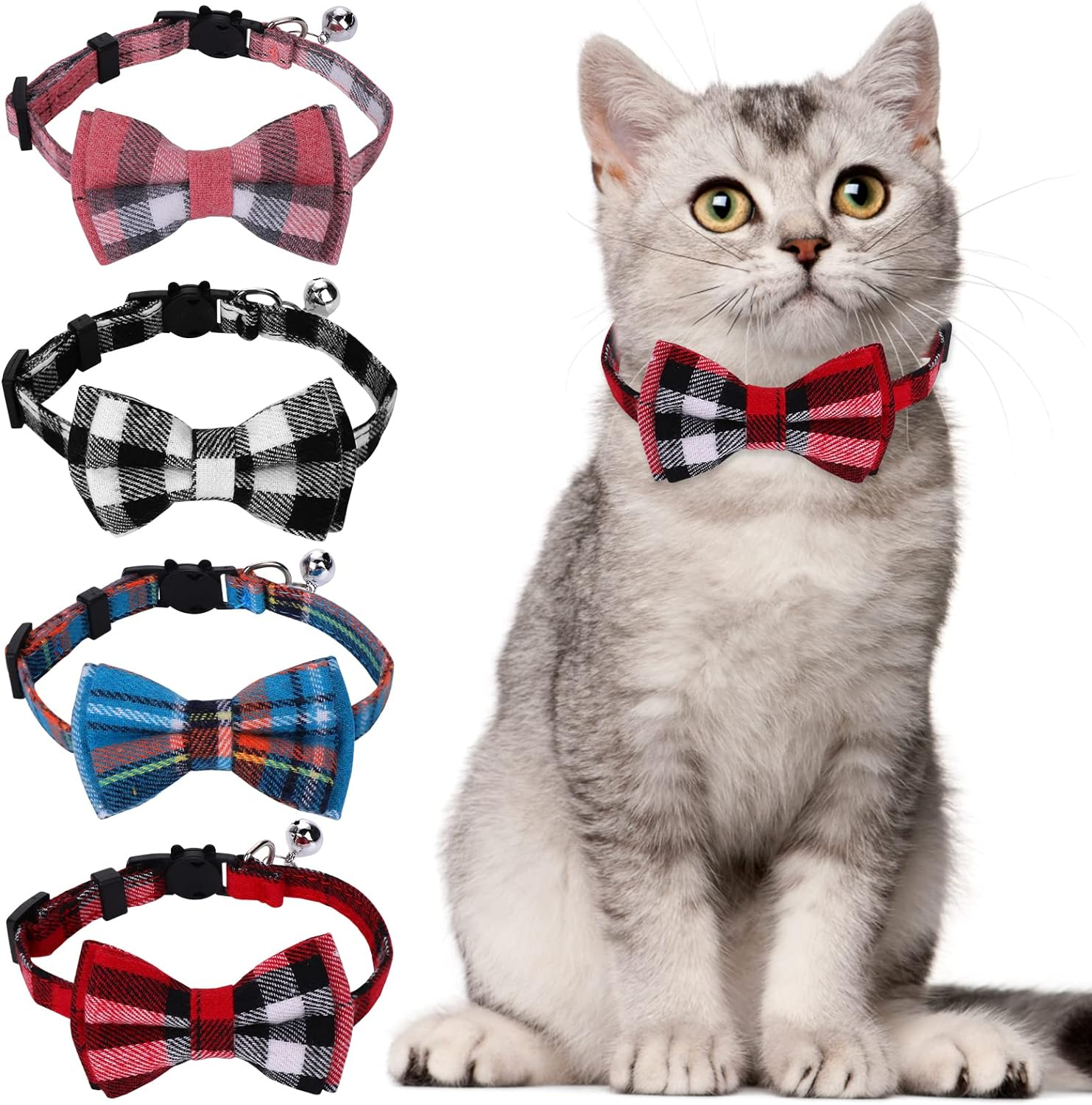 Giantree 4Pcs Cat Collars Bow Tie with Bell, Breakaway Kitten Collar for Cats Cute Plaid Design Adjustable Pet Collars 7-12Inch for Kitten Cats and Small Dogs image number 3