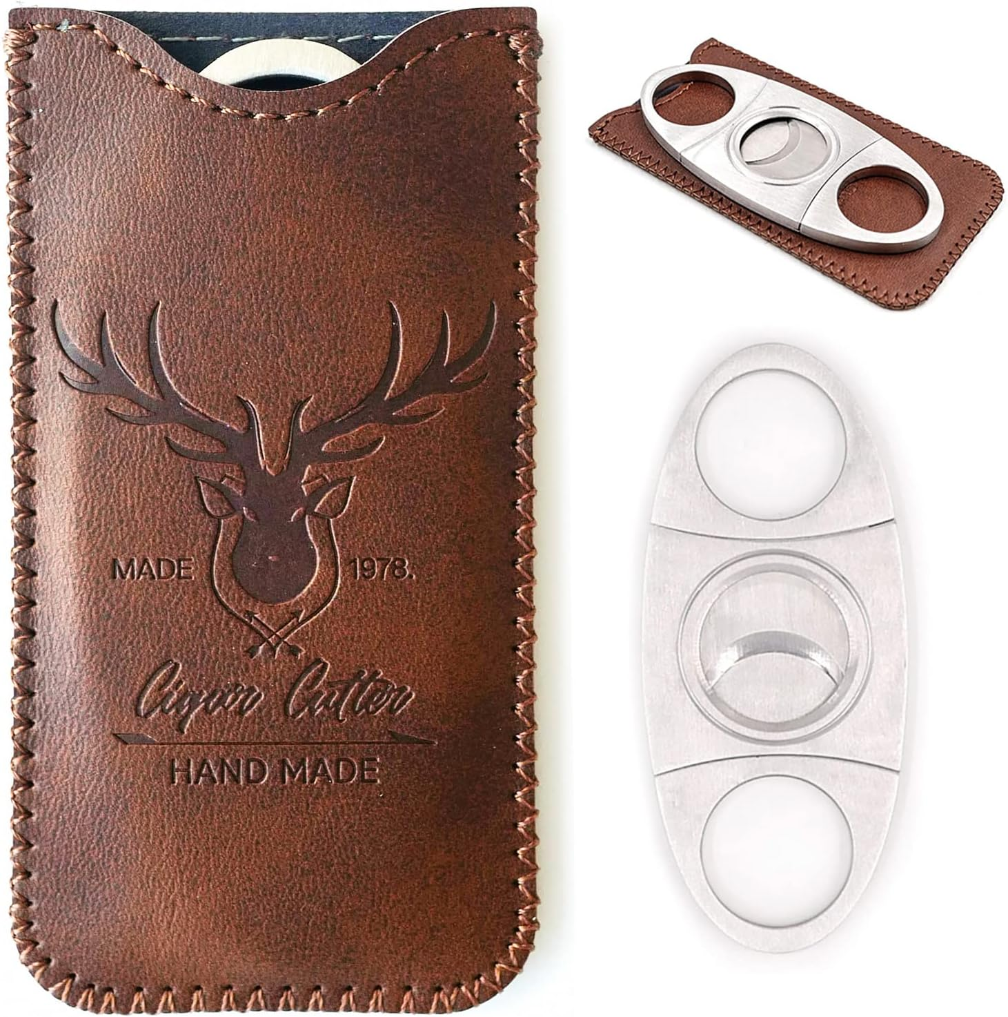 Stainless Steel Cigar Cutter with Leather Case,Double Blade for a Precise Perfect Cut(Brown Deer)