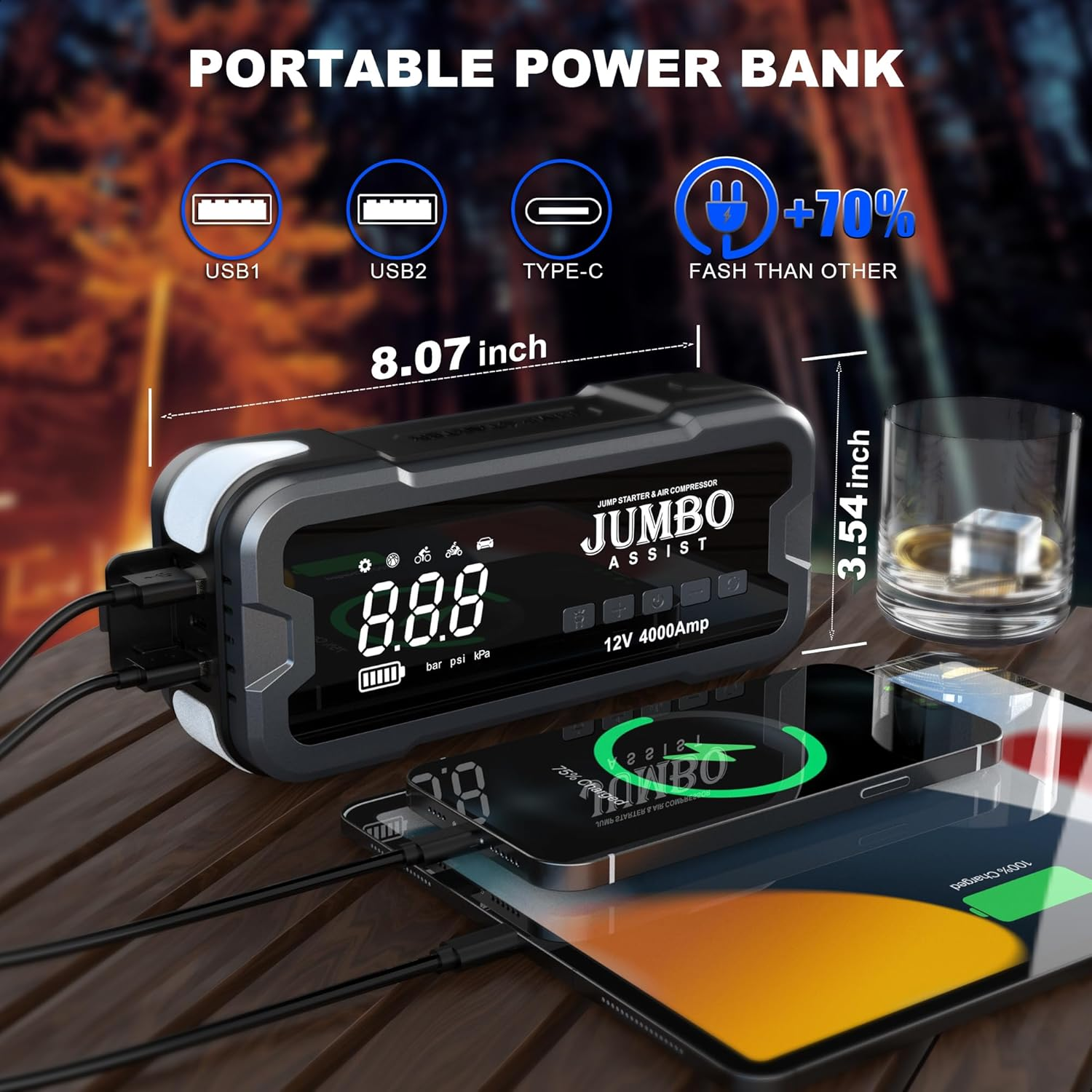Jump Starter with Air Compressor 150Psi Built-In,12V Powerful 4000A, 24000Mah Slim Powerbank, for 10L Gas, 8L Diesel Engines, Portable Tire Inflator Emergency Kit with High Torch-Lights JUMBO ASSIST