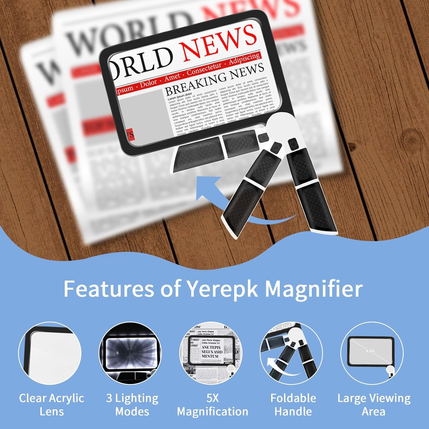 5X Large Magnifying Glass with Adjustable LED Light, 48LED Cold/Warm Light 3 Modes, Full Page Illuminated Magnifier for Seniors Low Vision - Folding Handheld for Reading, Inspection & Close Work image number 1