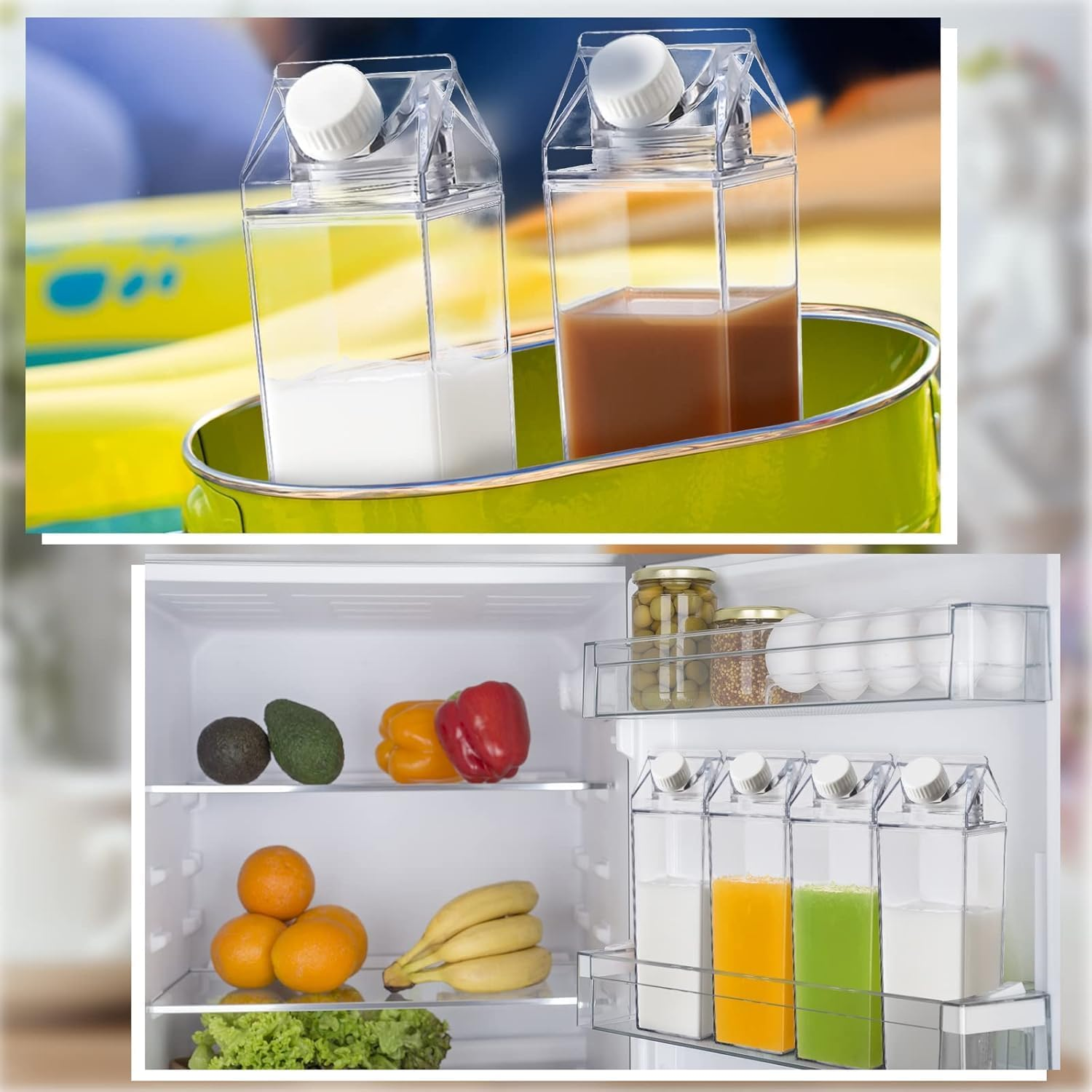 Milk Carton Water Bottle Twin Pack 1 Litre (2 Packx1000Ml) Bpa-Free Reusable Leakproof Drink Bottles, Transparent Portable Containers for Juice, Gym, Beach & School - as 2070 Compliant image number 1