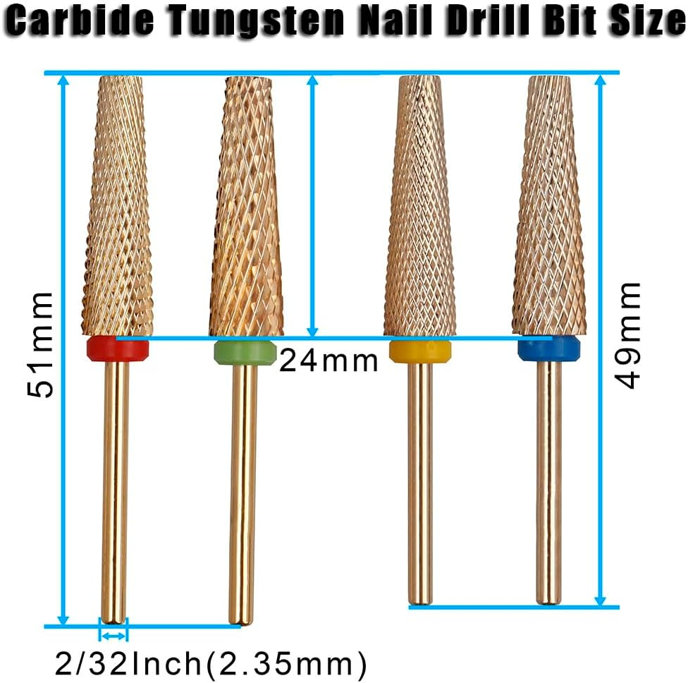 Yakamoz 4Pcs Professional Carbide Tungsten Nail Drill Bit Set, 5 in 1 Extension Nail Drill Bits,3/32 Inch Diameter Two Way Rotate Advanced Safety Bits for Manicure Pedicure Cuticle Acrylic Hard Gel Nails