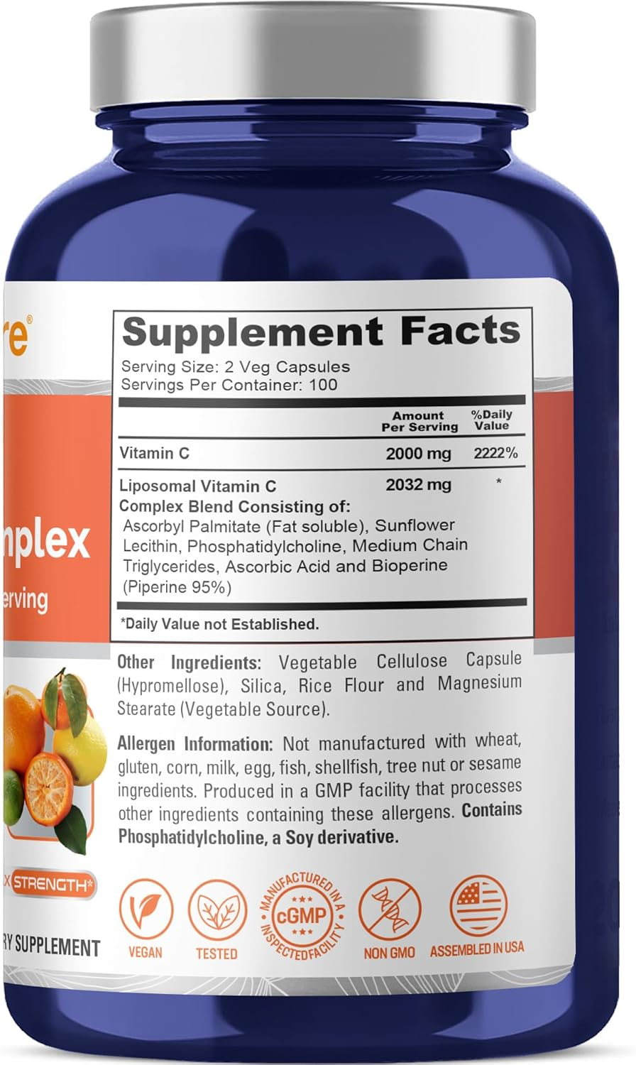 Liposomal Vitamin C 2032Mg - 200 Veggie Capsules with Bioperine - High Absorption Ascorbic Acid - Supports Healthy Immune Function and Normal Antioxidant Activity.* High Dose Fat Soluble Supplement image number 4