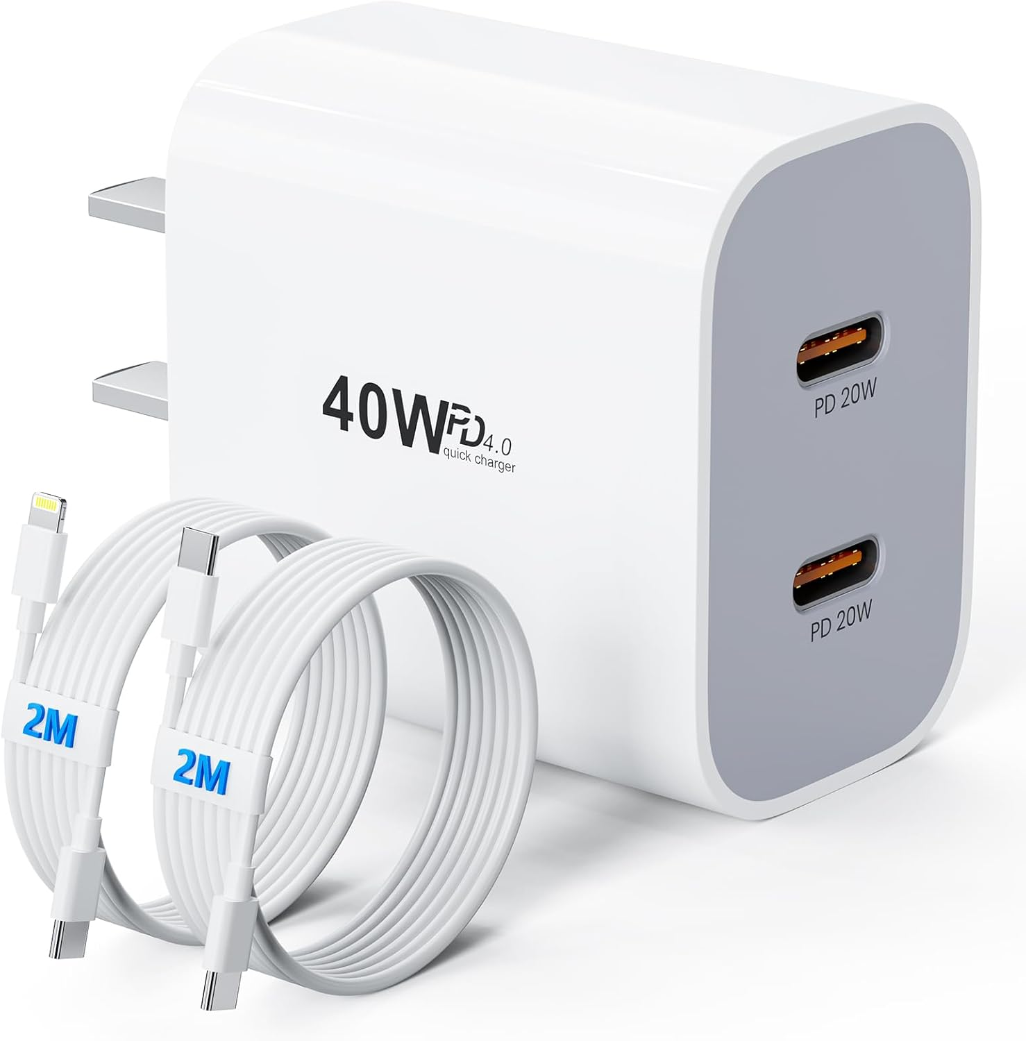 USB C Charger, 40W Dual Port Fast Charger with 2M USB C Cable & Lightning Cable, PD 20W Iphone Charger Plug for Iphone 17/16/15/14/13, Ipad, Galaxy, Pixel, and More image number 2