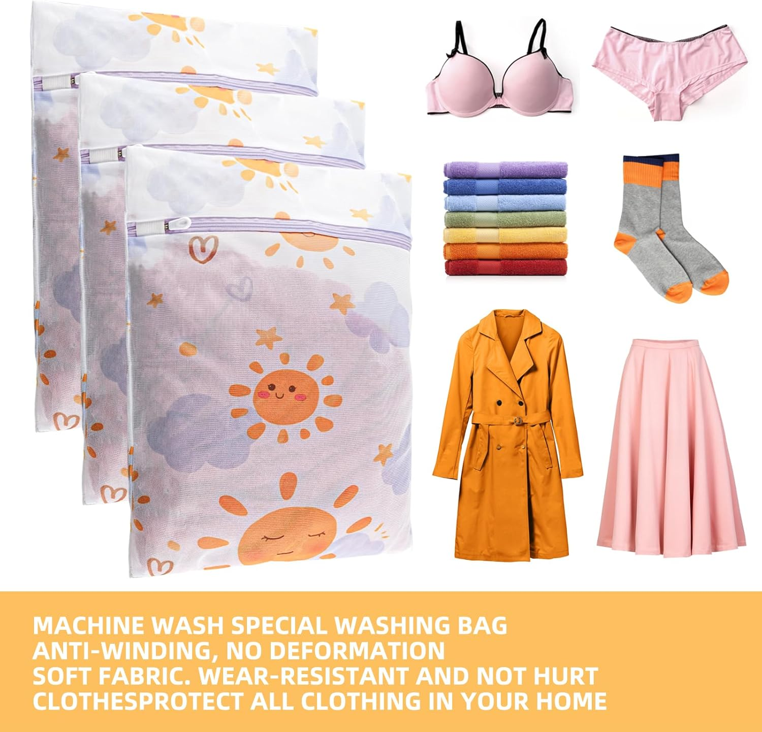 3Pcs Durable Mesh Laundry Bag, Durable Laundry Bags with Premium Zipper (Sunny) image number 4