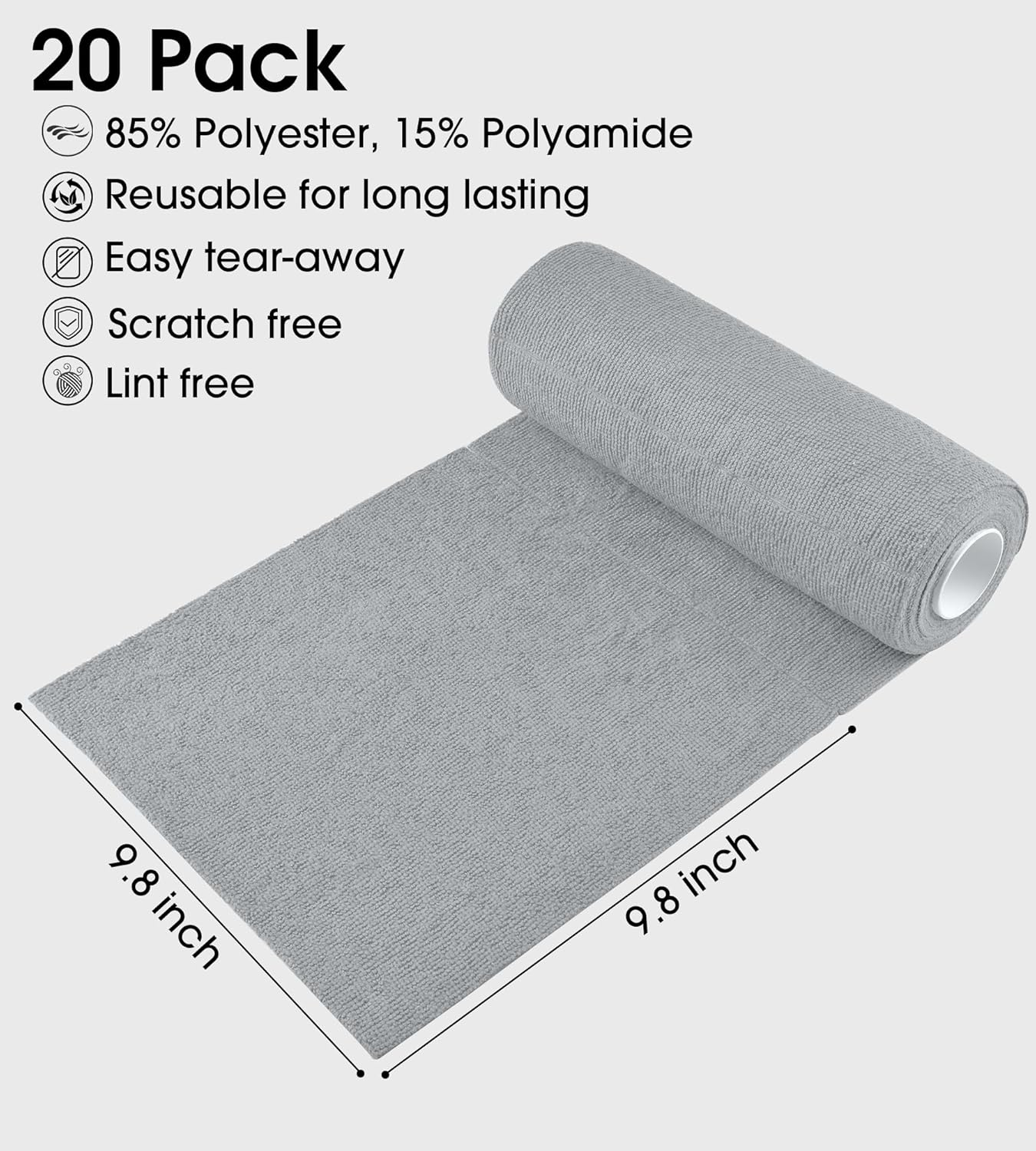 Kitchlife Microfiber Cleaning Cloth Roll - Tear-Away Reusable Microfiber Paper Towels, Lint-Free, Washable, 20 Sheets for Kitchen, Car, Dishes, and Sensitive Surfaces (Grey)