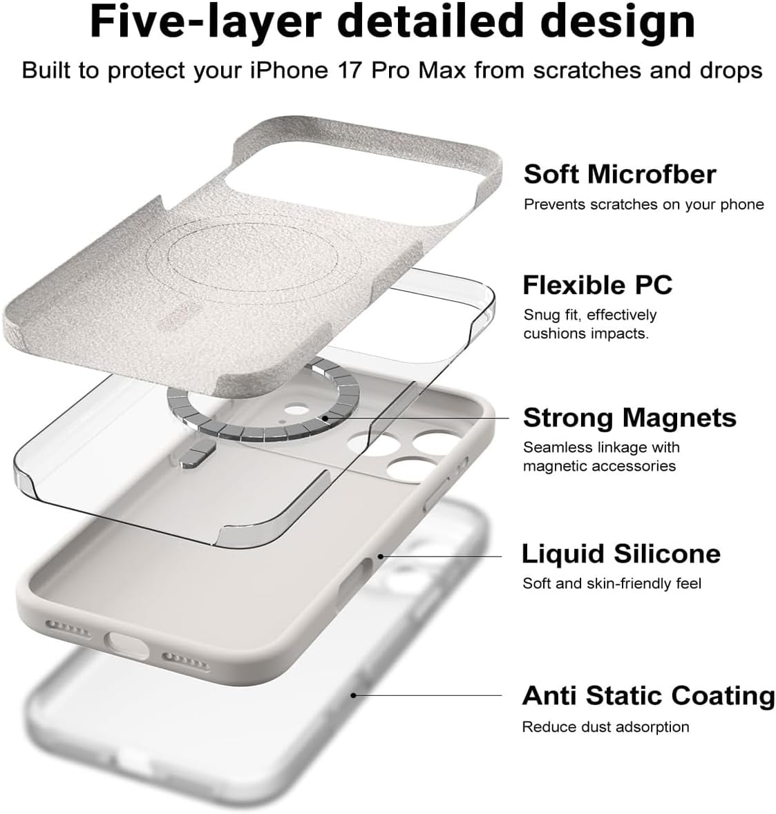 Ultra Protective Magnetic Silicone Case for Iphone 17 Pro Compatible for Magsafe, Full-Body Defense, Superior Shockproof Drop Protection Cover for Iphone17 Pro 6.3'' Stone image number 3