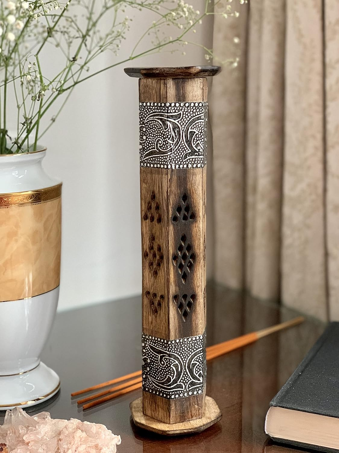 Wooden Incense Stick & Cone Burner Holder Tower Large Organic Eco Friendly Ash Catcher Agarbatti Holder Rustic Style Hand Carved for Meditation Yoga Aromatherapy Home Fragrance Products 12 Inches image number 1