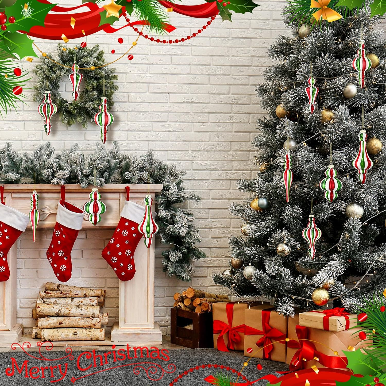 Soaoo 6 Pcs 6.3 Inch Mercury Glass Finial Christmas Ornaments Hanging Christmas Finials Glass Ornaments Assorted Mercury Decor for Xmas Tree Vintage Holiday Decoration(Red, Green,Novel) image number 4