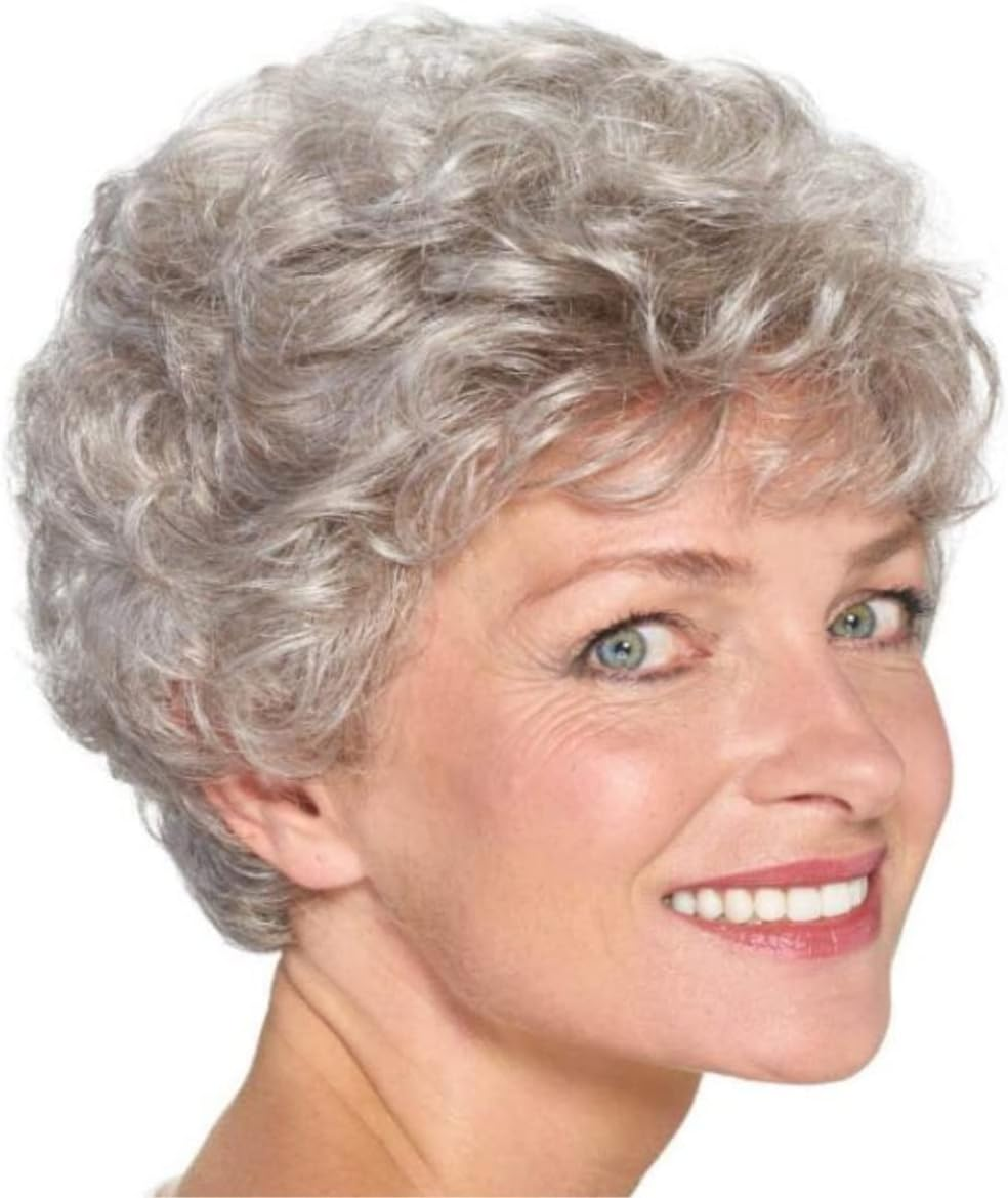 Daily Wig Old Lady Wigs, Short Grey Curly Human Hair Blended Wigs for Elderly Women Wigs image number 1