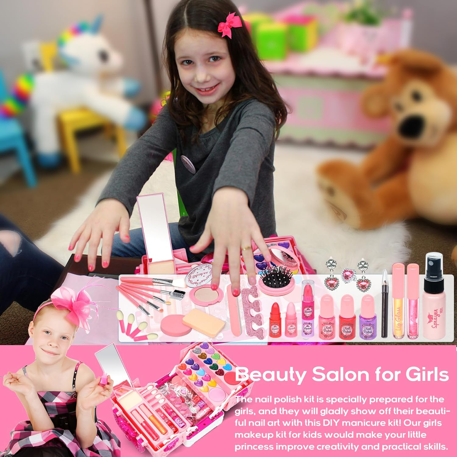 Kids Makeup Kit for Girls - 57 PCS Safe and Washable, Real Cosmetics with Case, Toys for Ages 4-12, Princess-Themed (Pink) image number 1