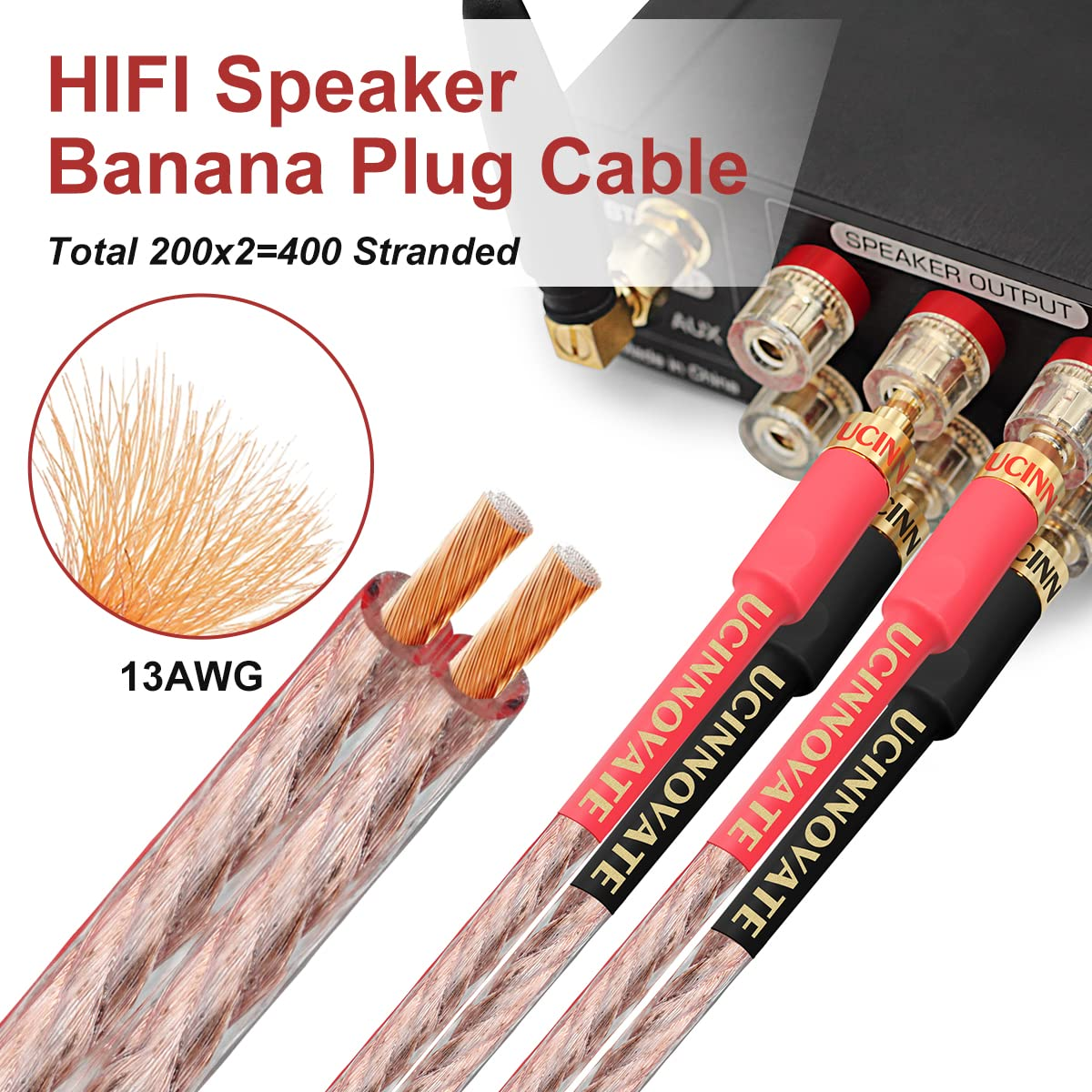 UCINNOVATE 2 Pack 13AWG Speaker Cables with Banana Plug, (1.5M / 4.9FT) Hifi Speaker Wire with Gold-Plated Banana Tip Plugs, Male to Male Copper Audio Cable Speaker Cord Connector for Home Theater image number 3