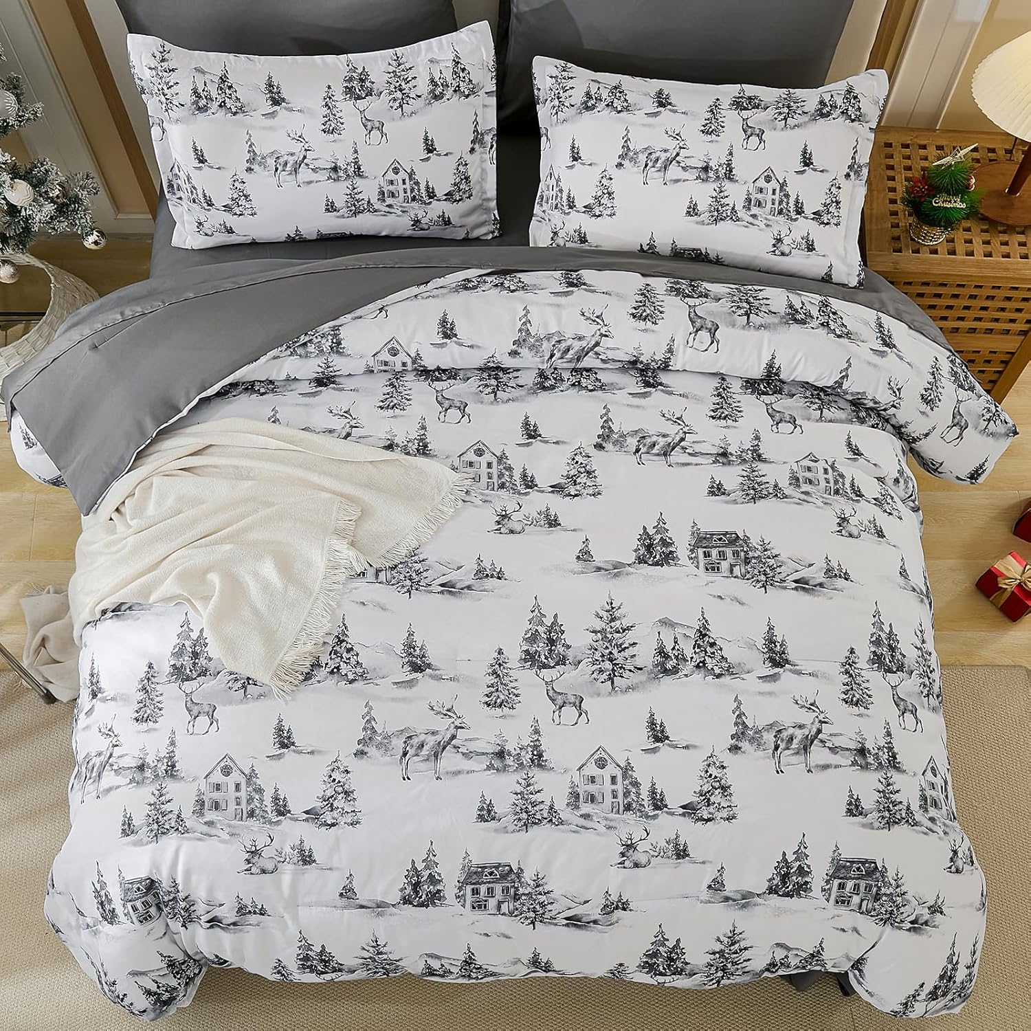 Dobuyly Christmas Duvet Cover Set Queen Size 3PCS Grey Lodge Reindeer Tree Duvet Cover with 2 Pillowcases, Soft Microfiber Xmas Holiday Bedding Set 90"X90"(No Comforter)